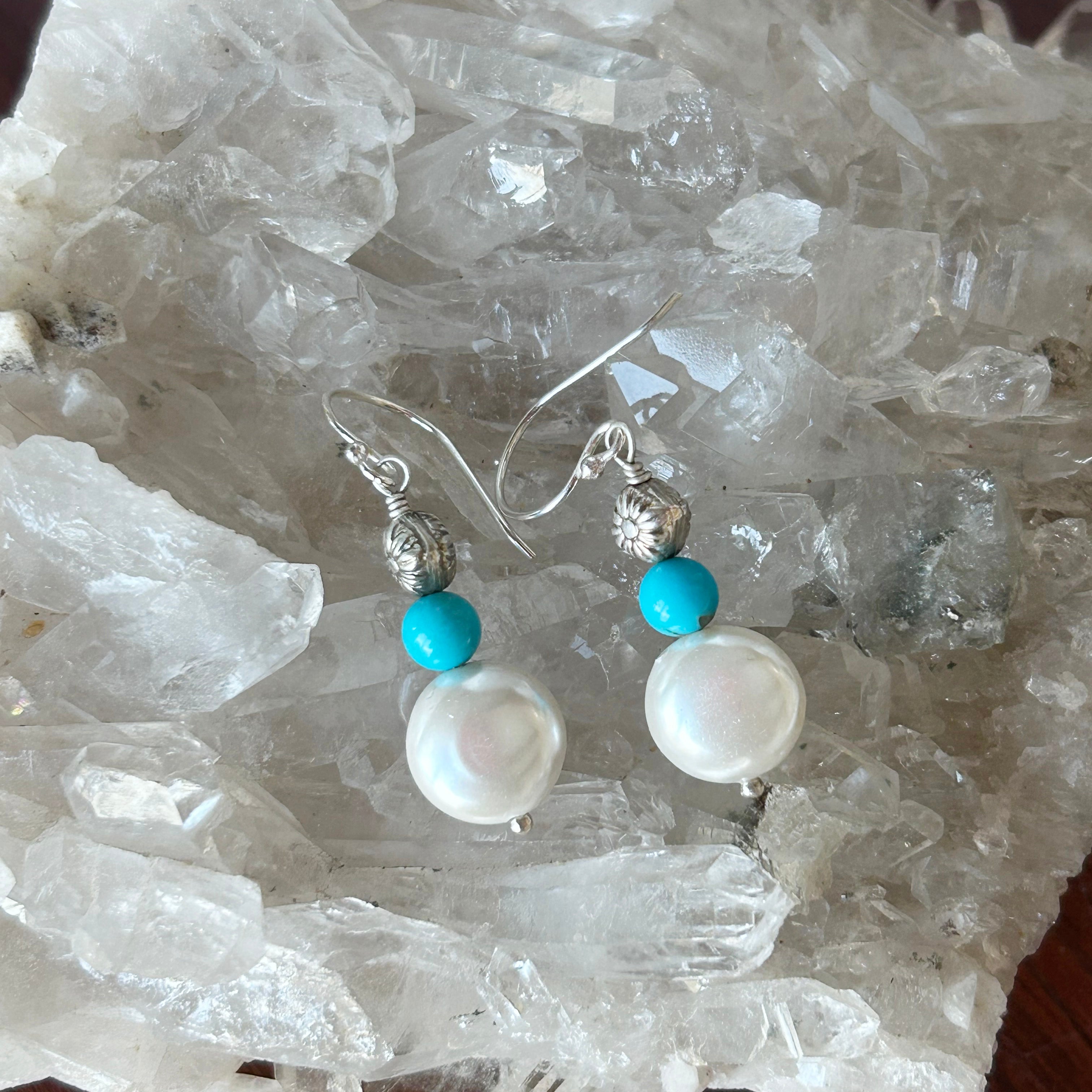Sleeping Beauty Turquoise and Cream Coin Pearl Earrings Sterling Silver