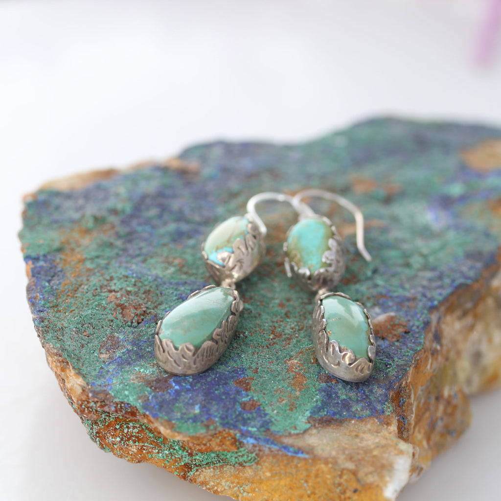 Beautiful Hubei Turquoise Earrings 2 Stone Green Blue Sterling