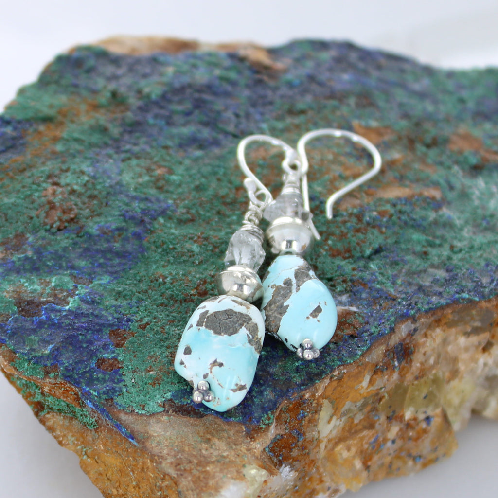 Lone Mountain TURQUOISE and Herkimer Diamond Earrings Sterling Southwest
