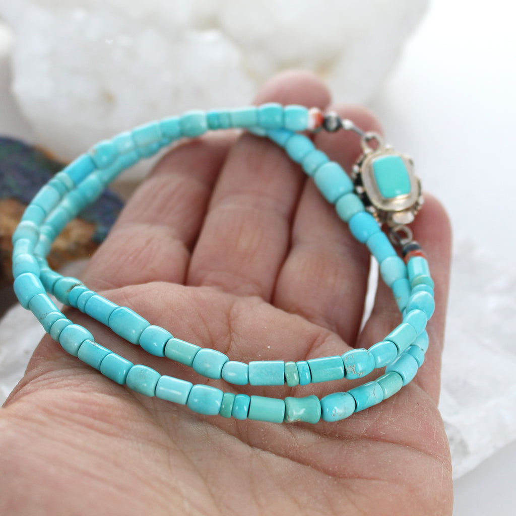 Sleeping Beauty Turquoise Necklace Mixed Shape Sterling 17.5"