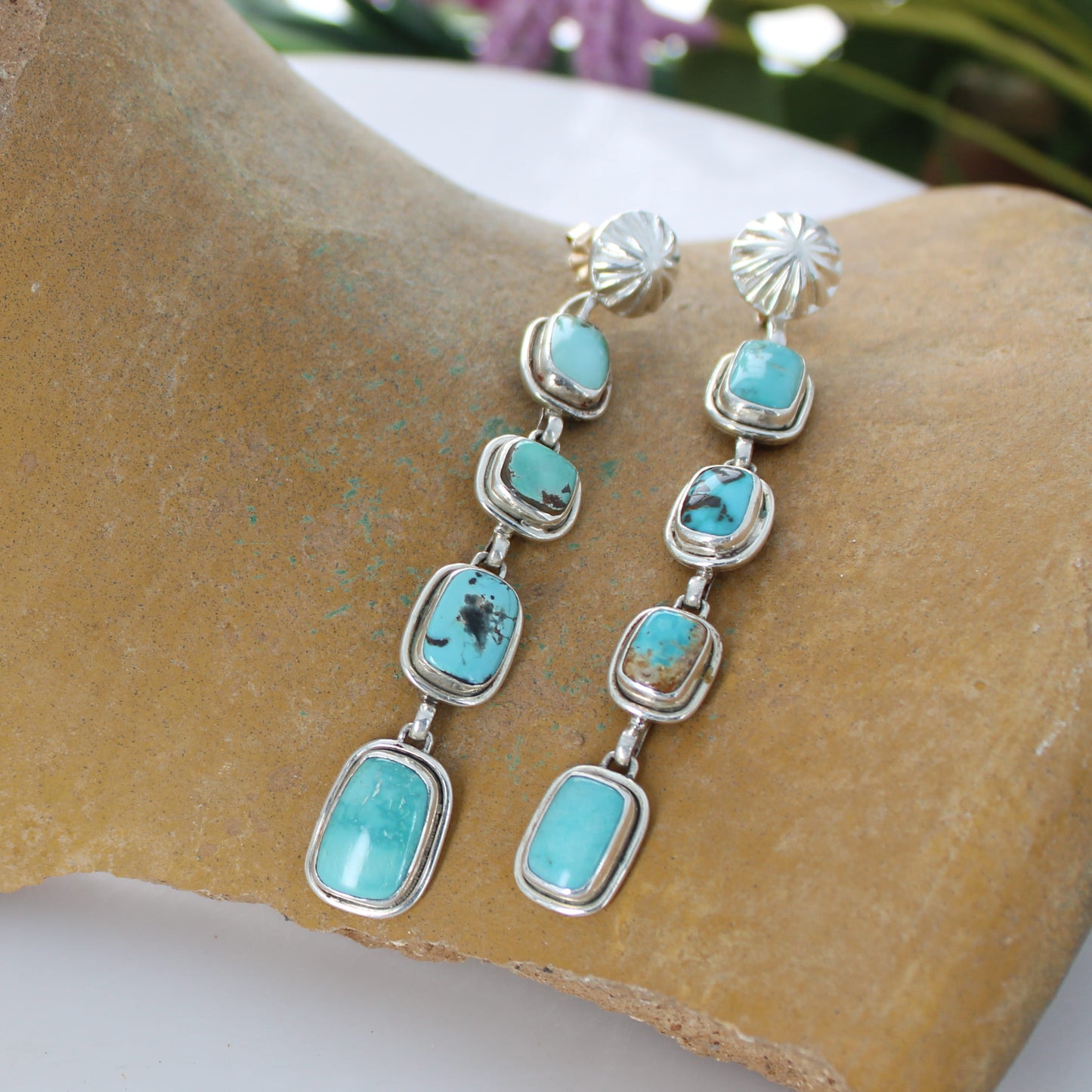Sweeping CARICO LAKE Turquoise Earrings 4 Stone Sterling 3.75"