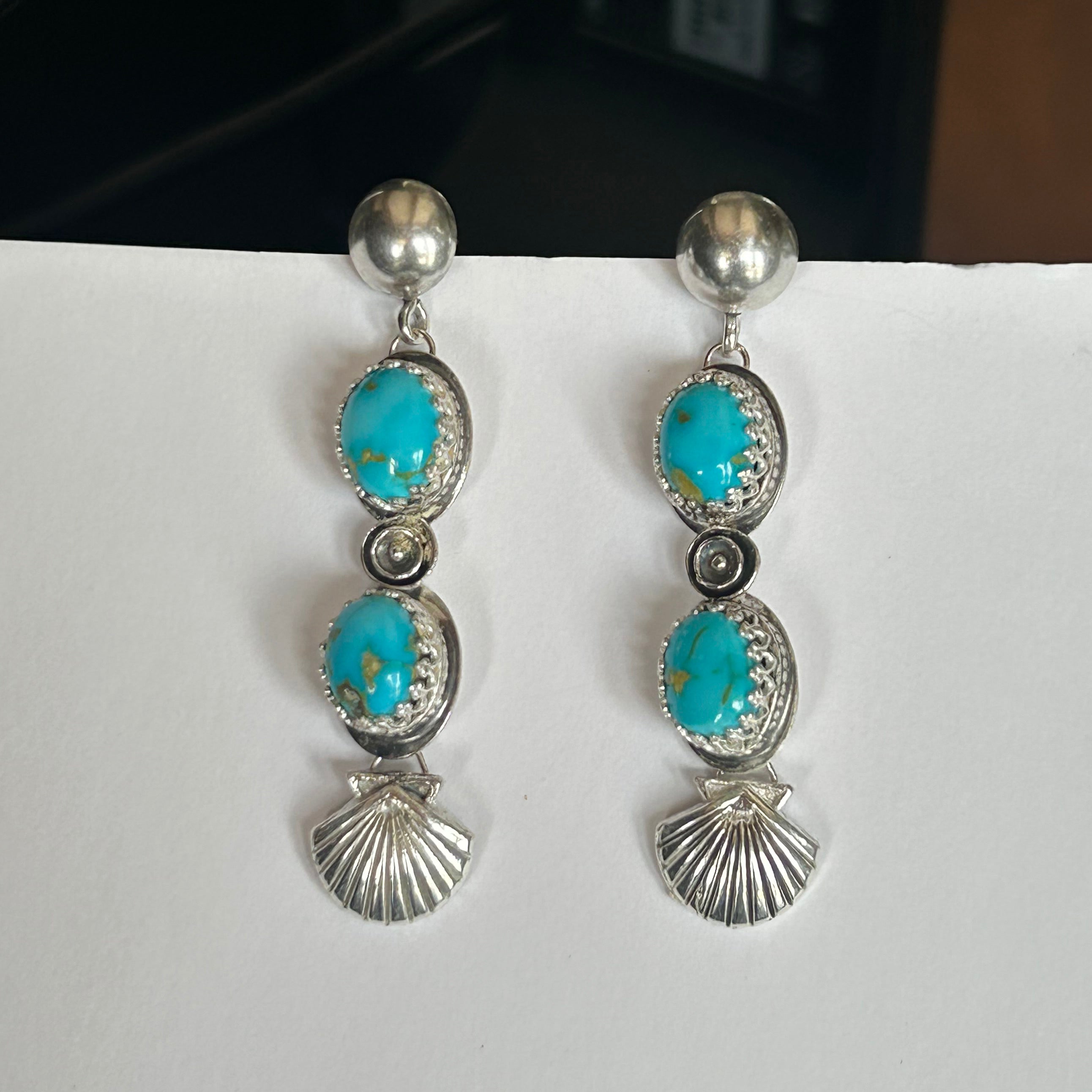 AAA Blue Sonoran Rose Turquoise Earrings 2 Stone Sterling Shells