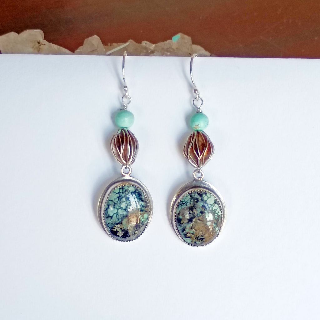 AAA Nevada Black Jack Turquoise Earrings Sterling Dangles Unique