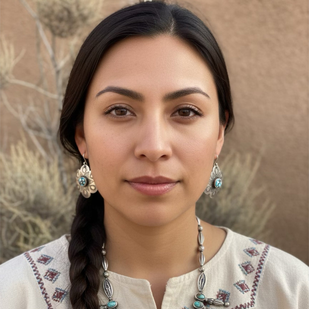 Beautiful Stamped EGYPTIAN TURQUOISE Sterling Flower Earrings