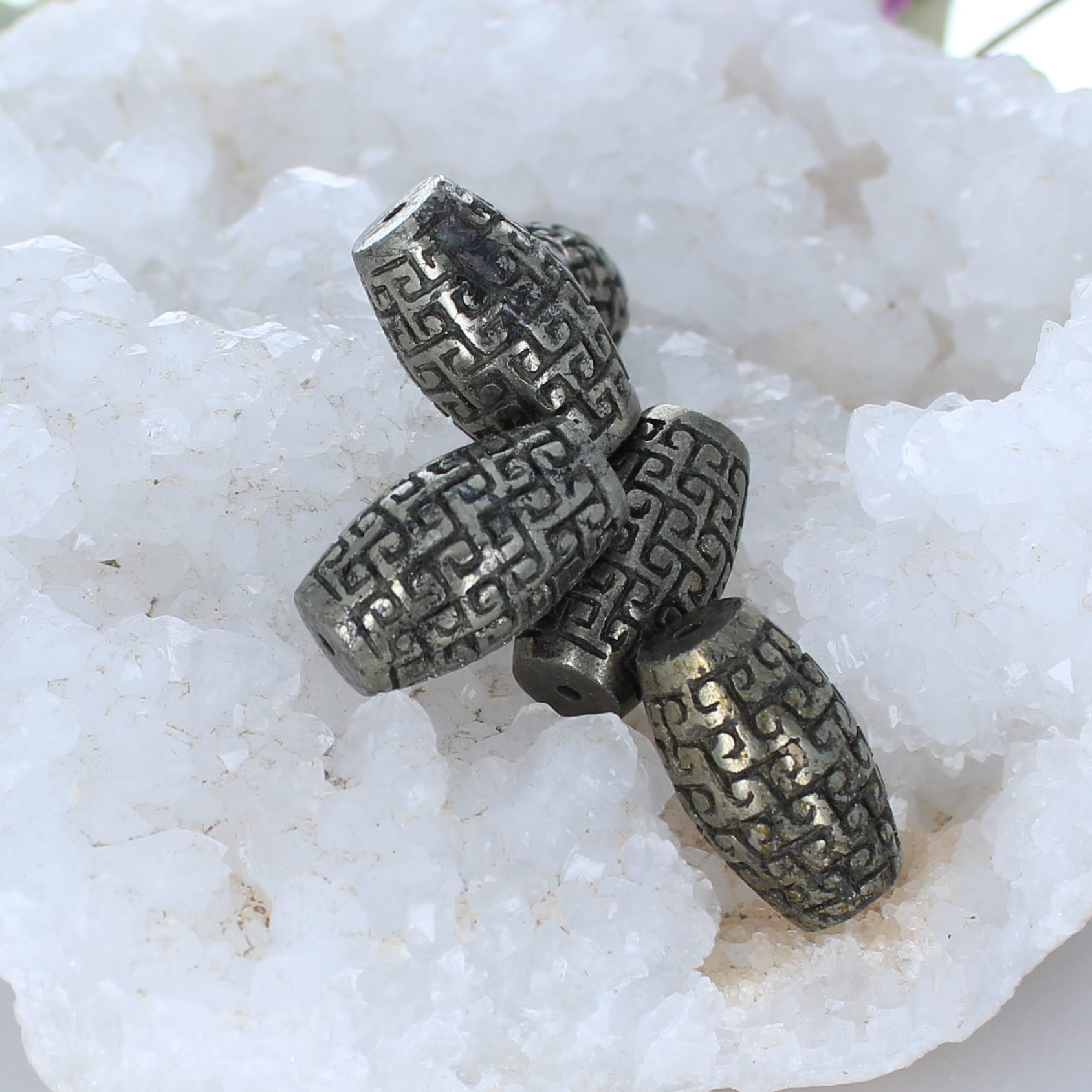 GOLDEN PYRITE Beads Carved Spiral Large Barrels 5pcs -NewWorldGems