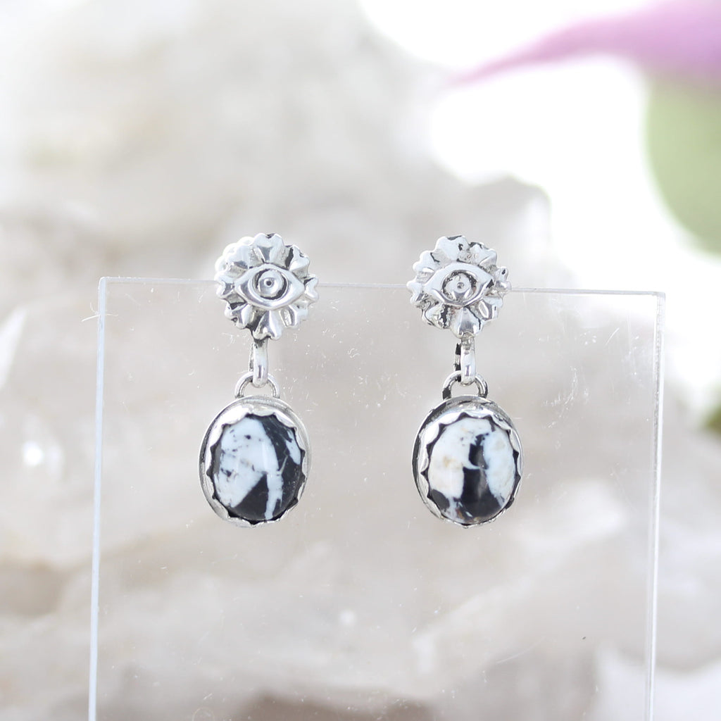 Protective Eye WHITE BUFFALO RIBBON Turquoise Earrings Sterling Ovals