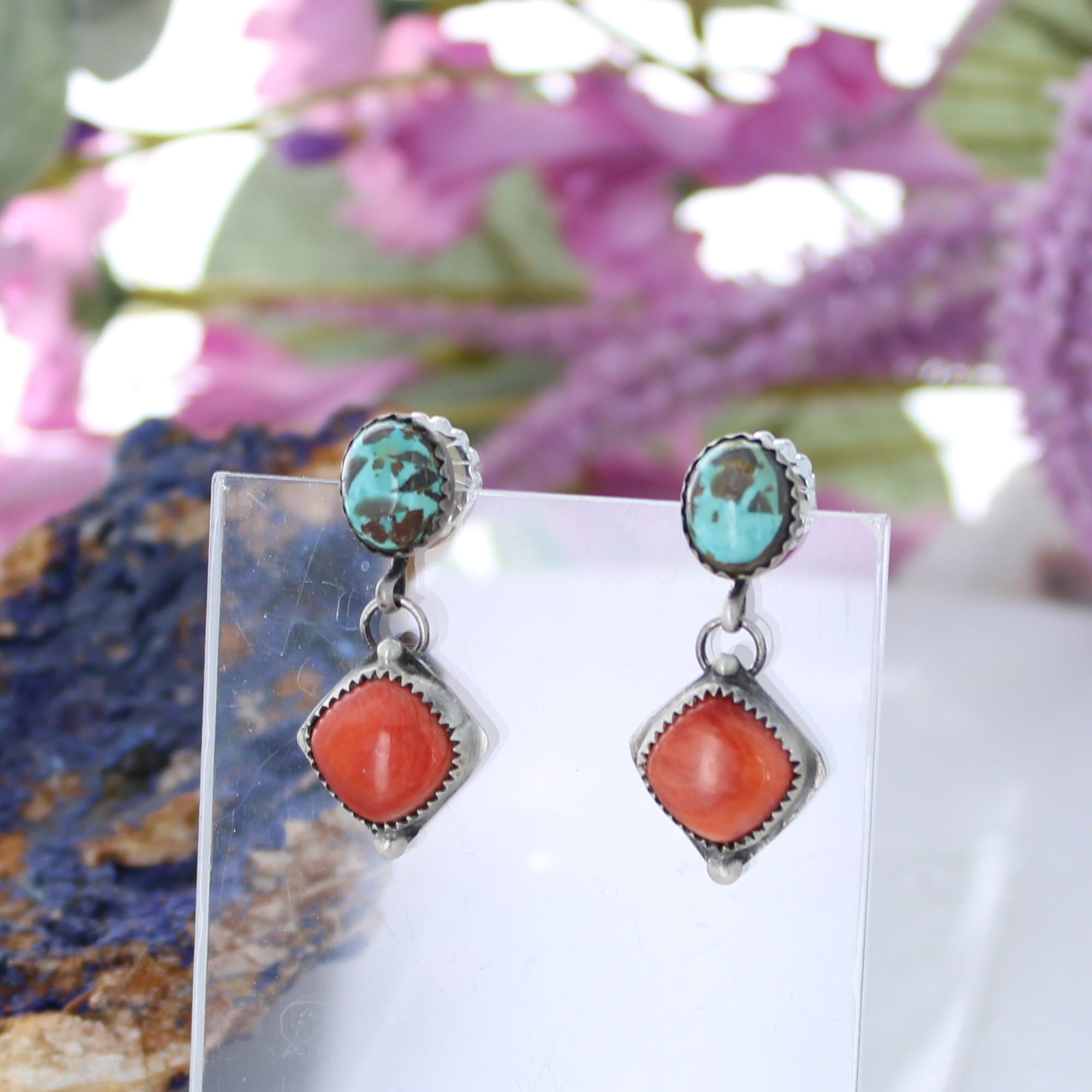 AAA Spiny Oyster and Carico Lake Turquoise Sterling Earrings