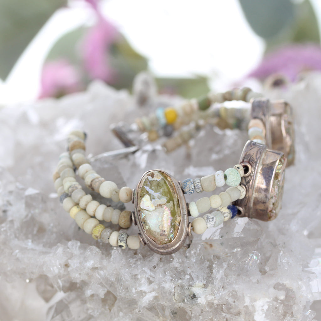 Antique Roman Glass Bracelet 3 Strand Beauty Sterling Silver