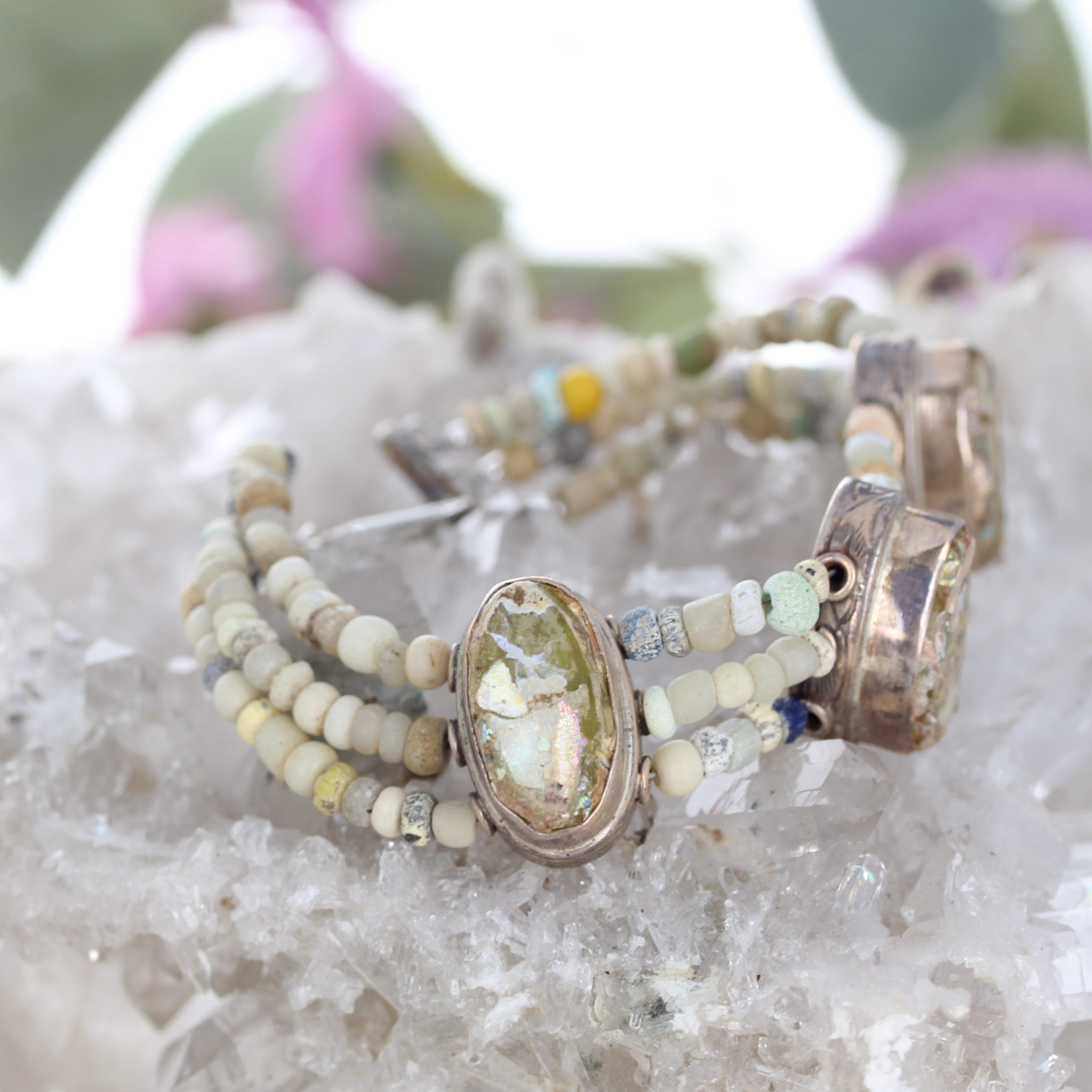 Antique Roman Glass Bracelet 3 Strand Beauty Sterling Silver