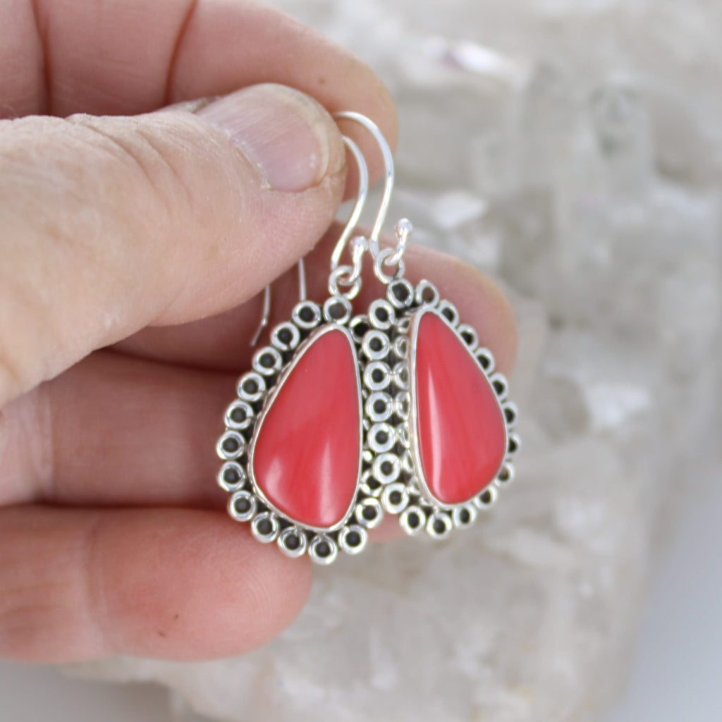 Gorgeous Coral Red Rosarita Gold Glass Earrings Drops Boho Chic Sterling Silver