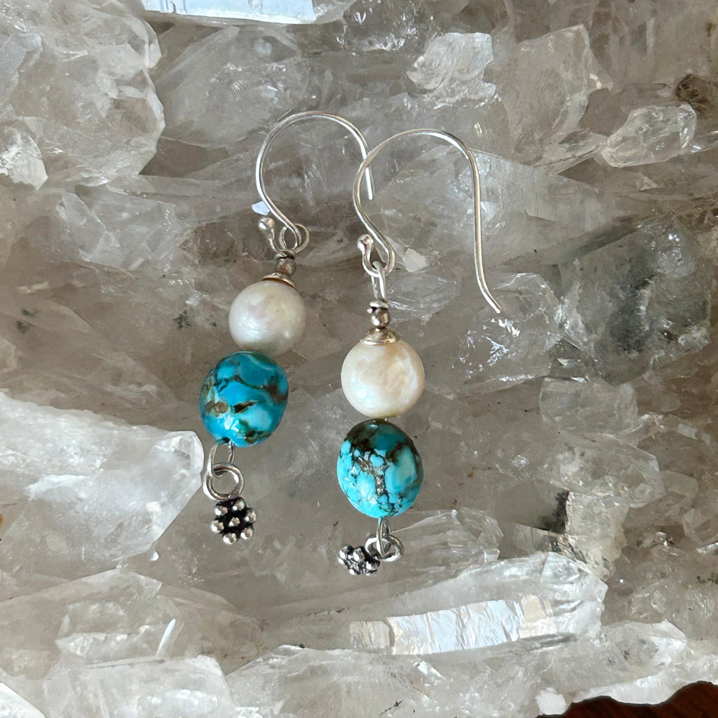 AAA Kingman Turquoise and White Pearl Earrings Ovals Sterling Silver