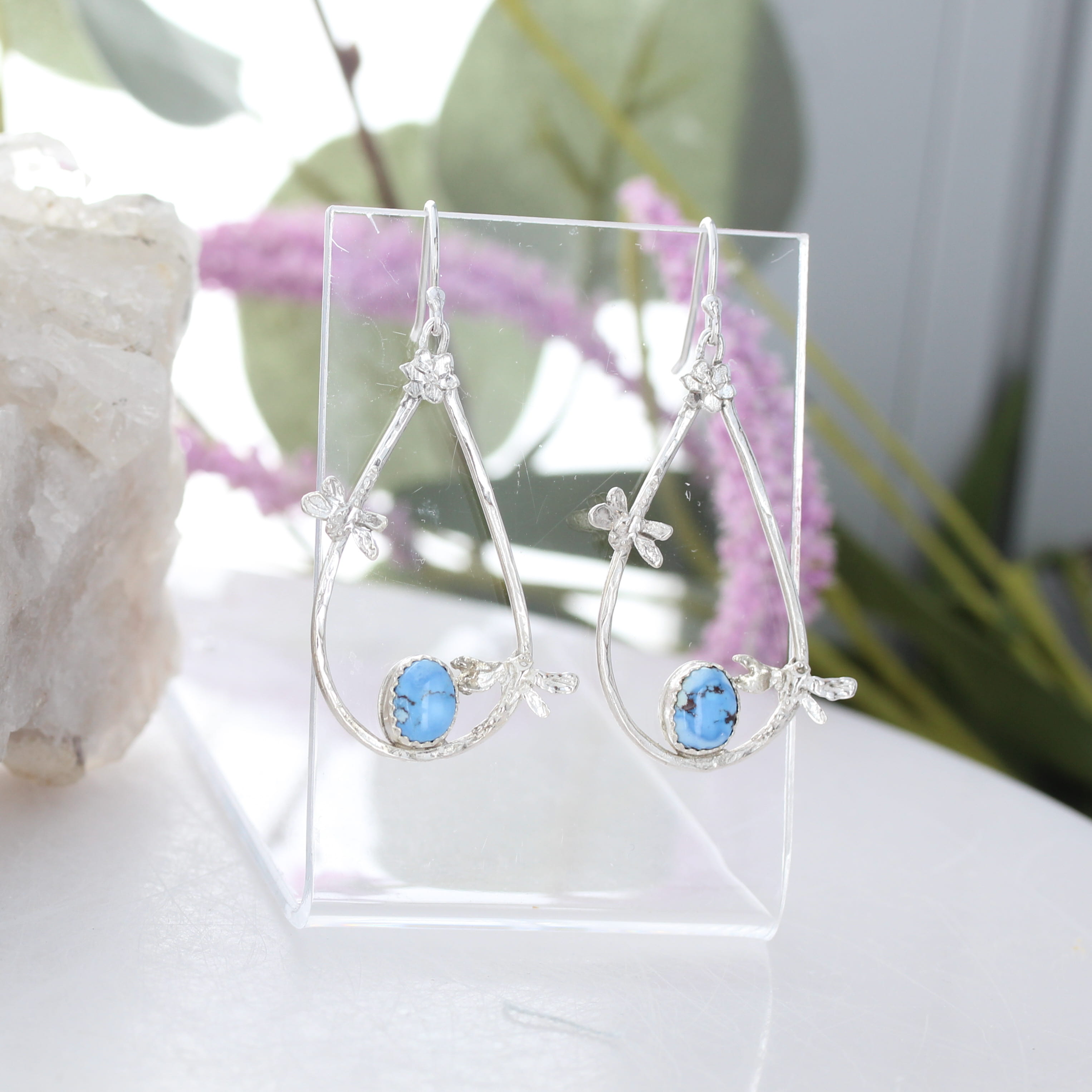 KAZAKHSTAN TURQUOISE Earrings Sterling Silver Teardrop Hoops Dragonflys