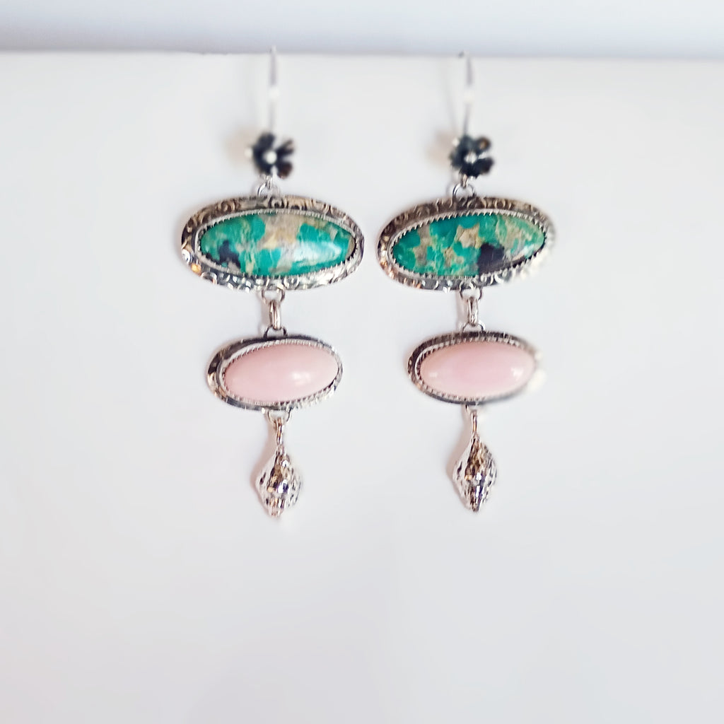 AAA Blue Royston Turquoise and Pink Conch Shell Earrings Sterling Silver Shells