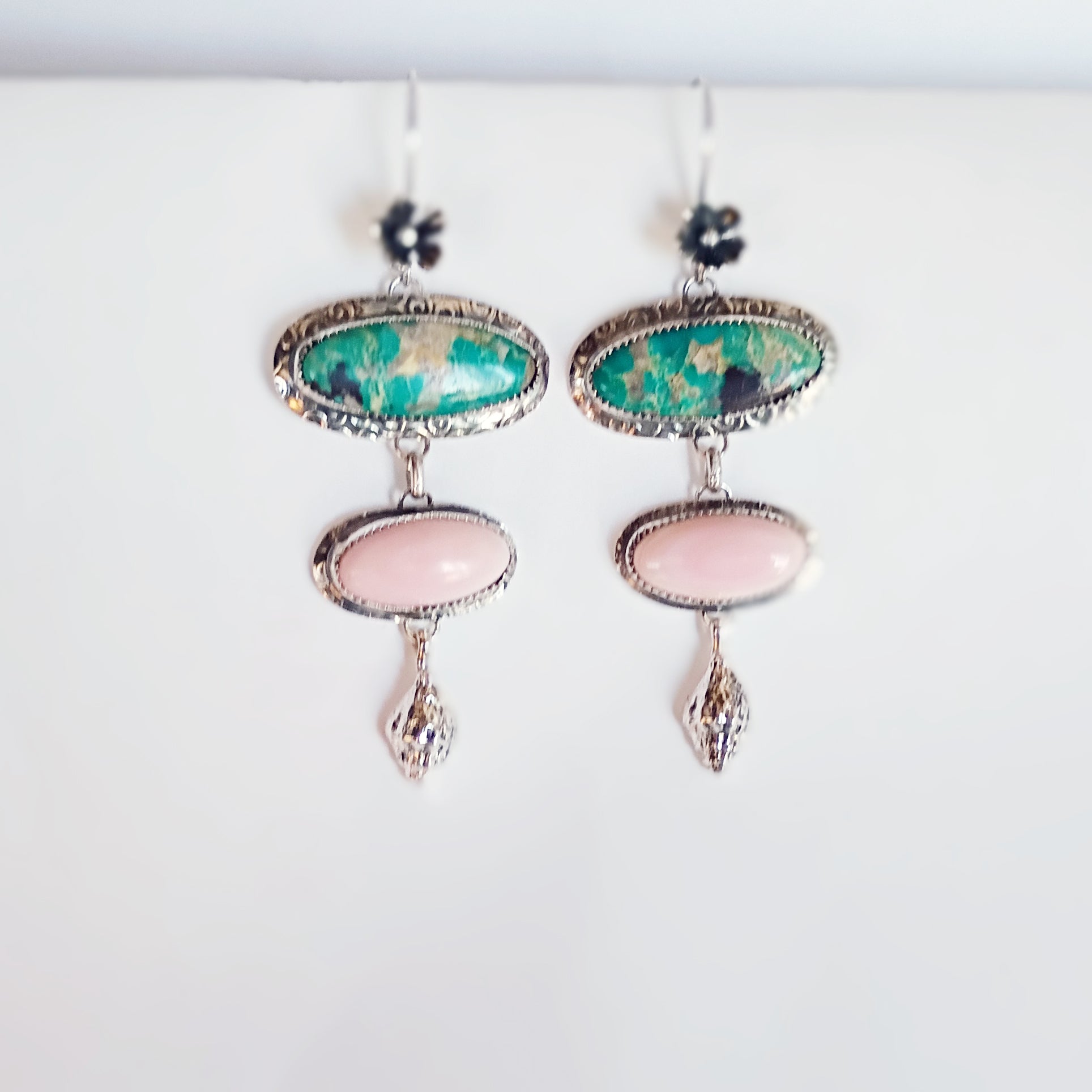 AAA Blue Royston Turquoise and Pink Conch Shell Earrings Sterling Silver Shells