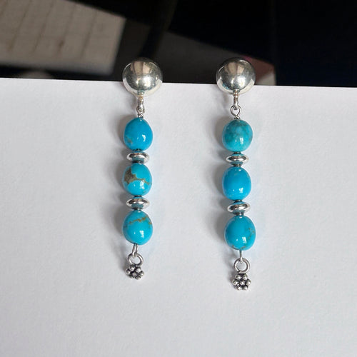 AAA Kingman Turquoise Earrings 3 Stone Sterling Silver Southwestern