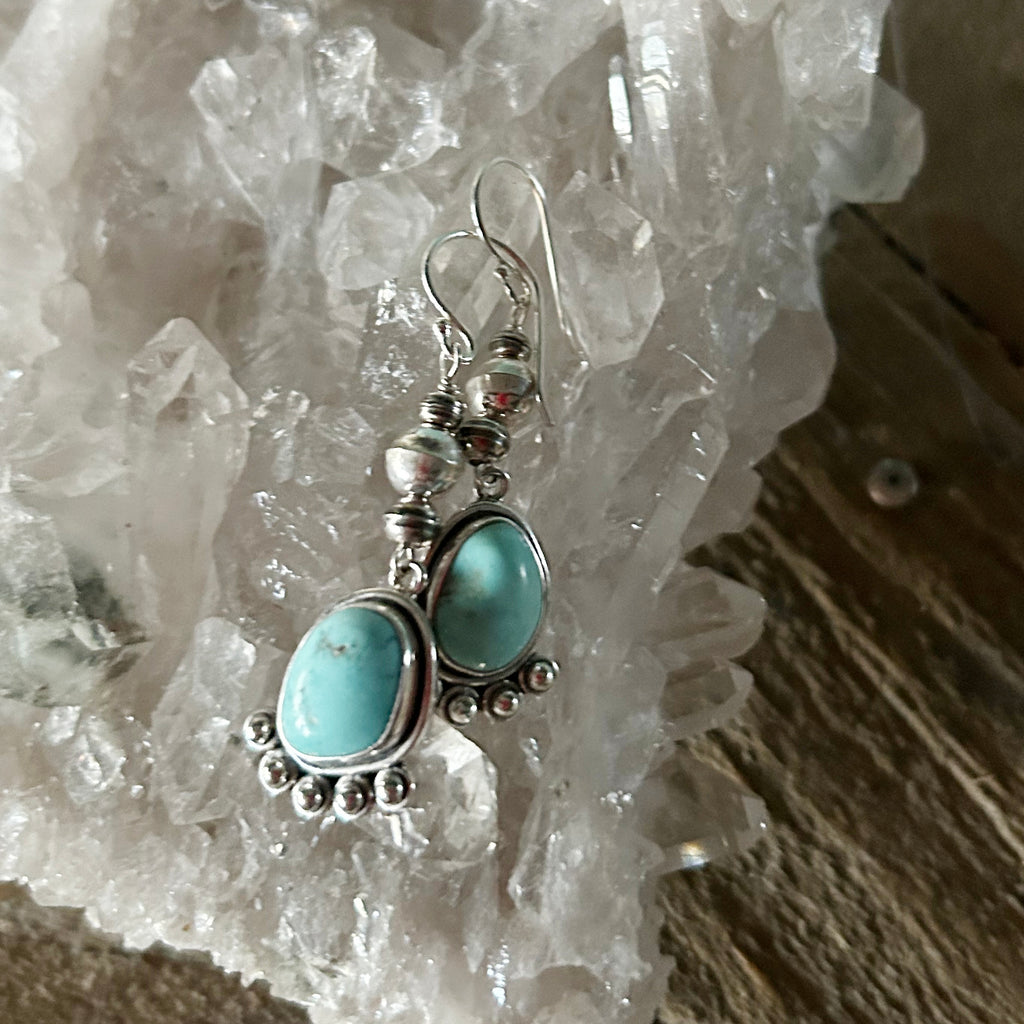 Navajo Pearls and Blue Kingman Turquoise Earrings Free Form Sterling