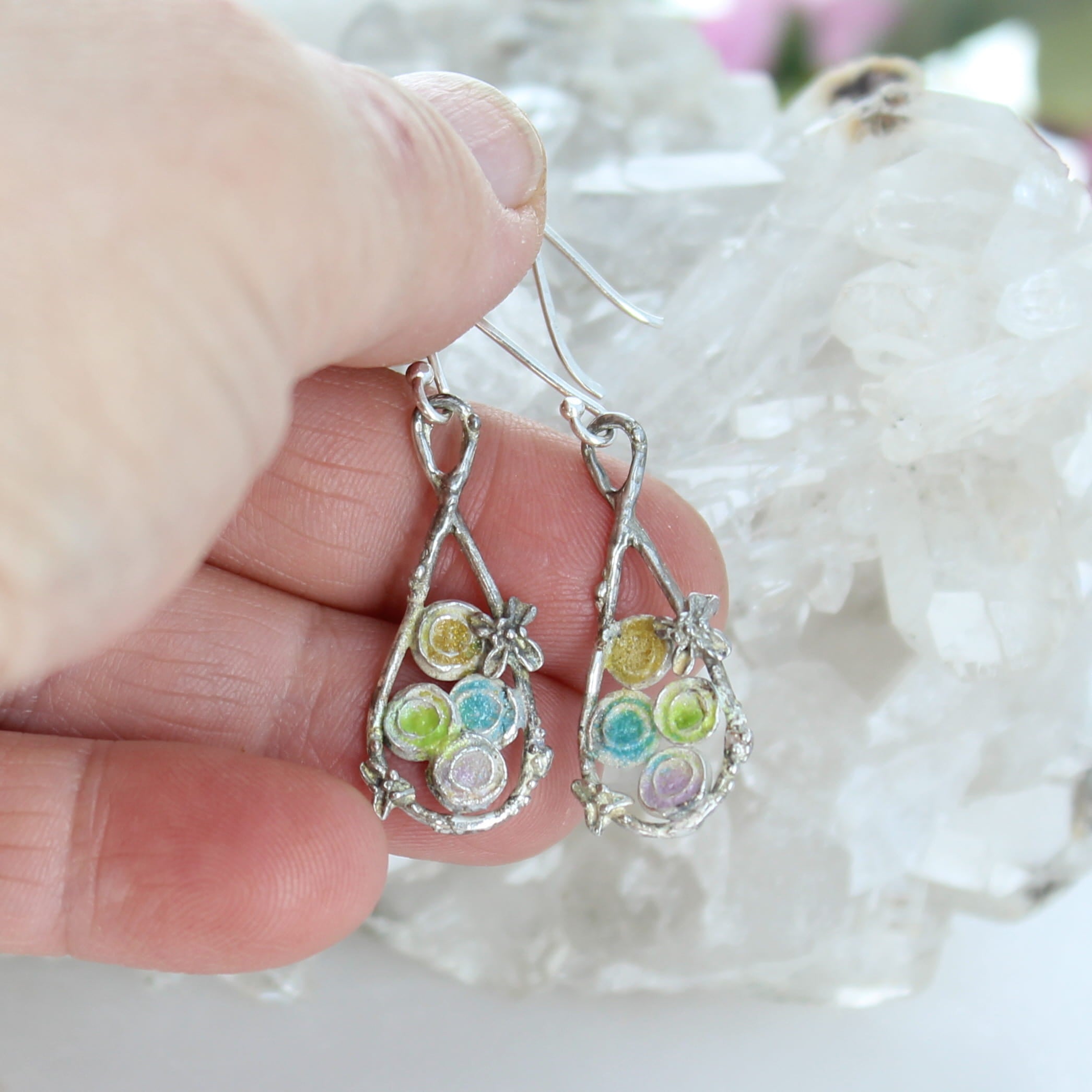 Colorful Enameled Earrings Sterling Silver Fairies Boho Chic