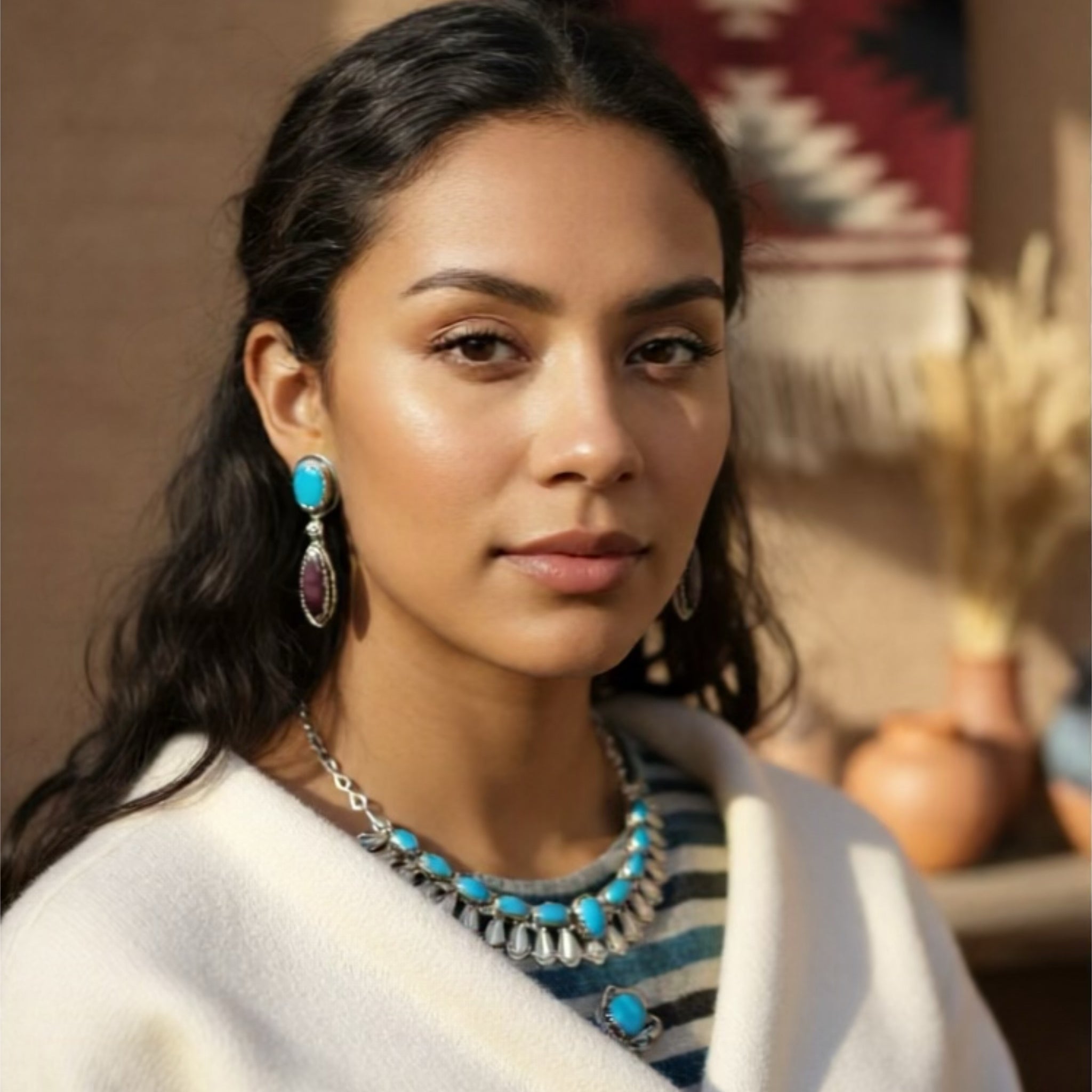 Dramatic Kingman Turquoise Purple Spiny Oyster Earrings Sunburst