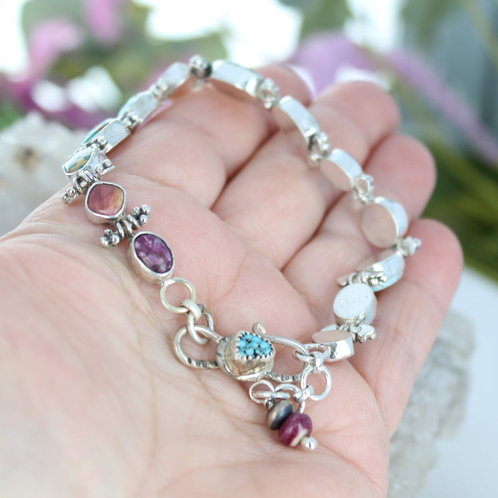 Elegant Mixed Turquoise Bracelet Sterling Silver Royston Purple Spiny Southwest