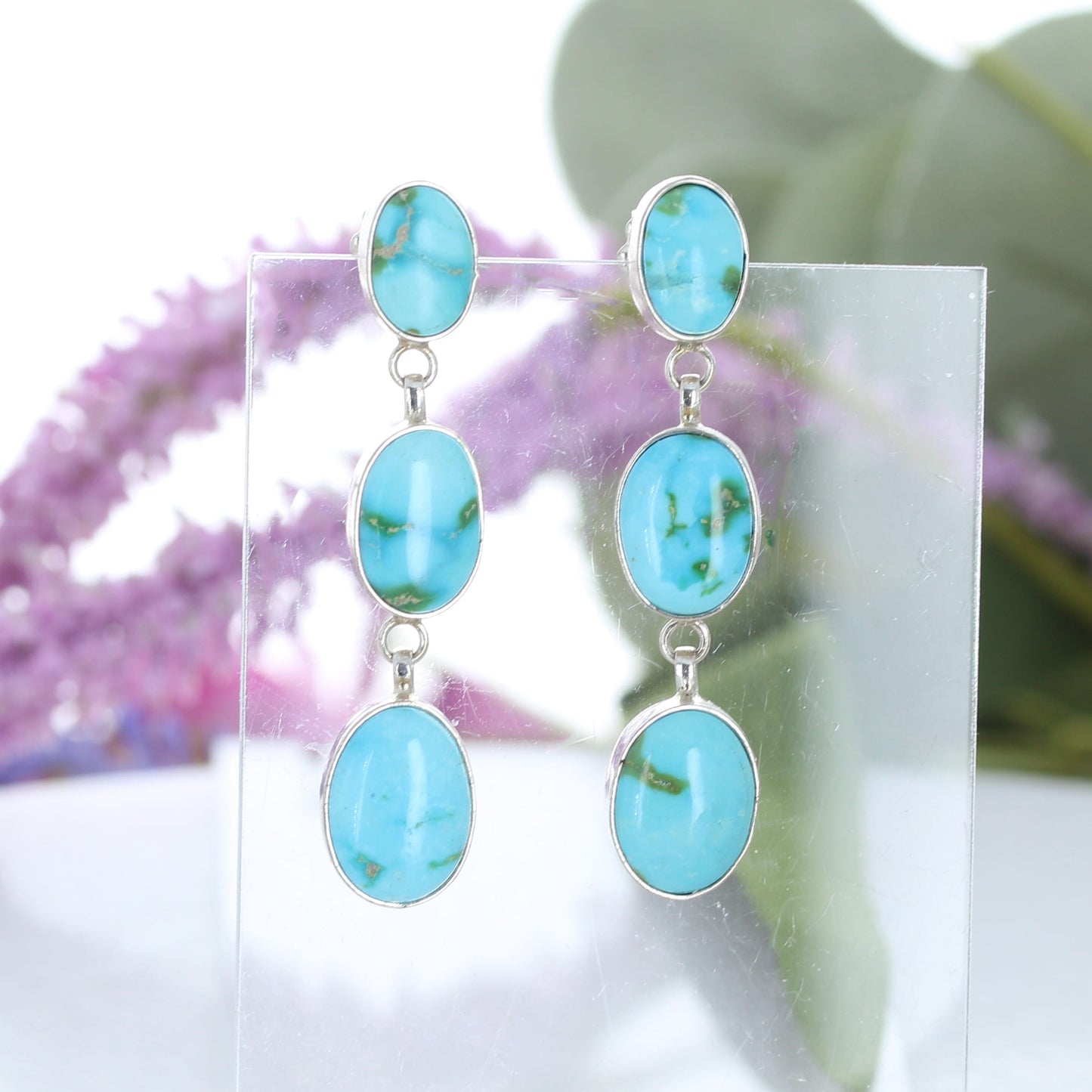 Sonoran Mountain Turquoise Earrings 3 Stone Dangles Sterling Silver