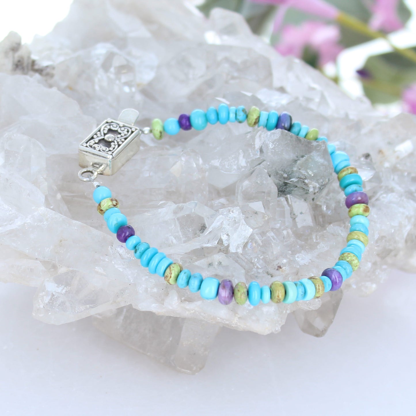Sleeping Beauty Turquoise Gaspeite Sugilite Beads Bracelet Sterling Silver