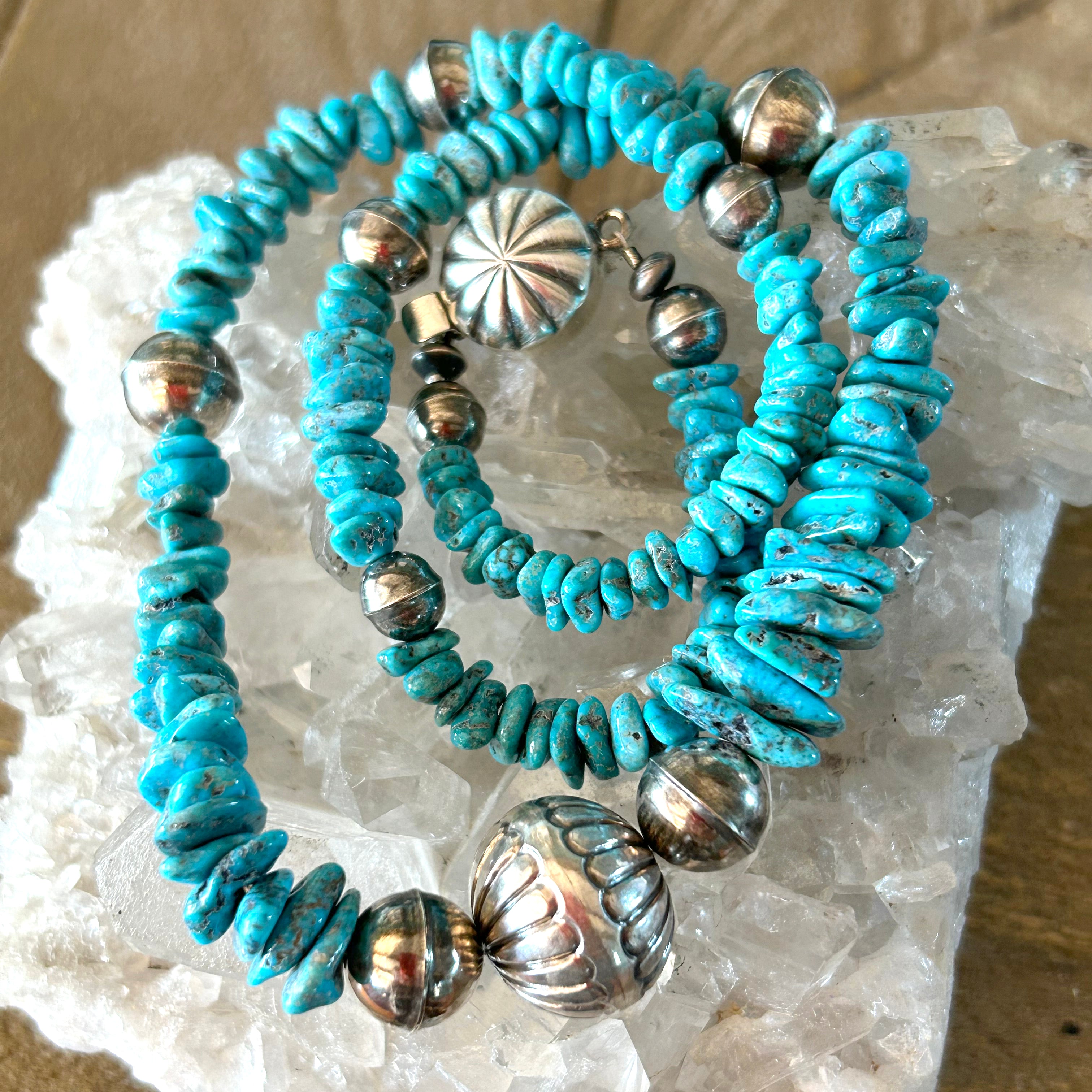 Sterling Silver Navajo Pearl Blue Ithaca Turquoise Beads Kingman Necklace