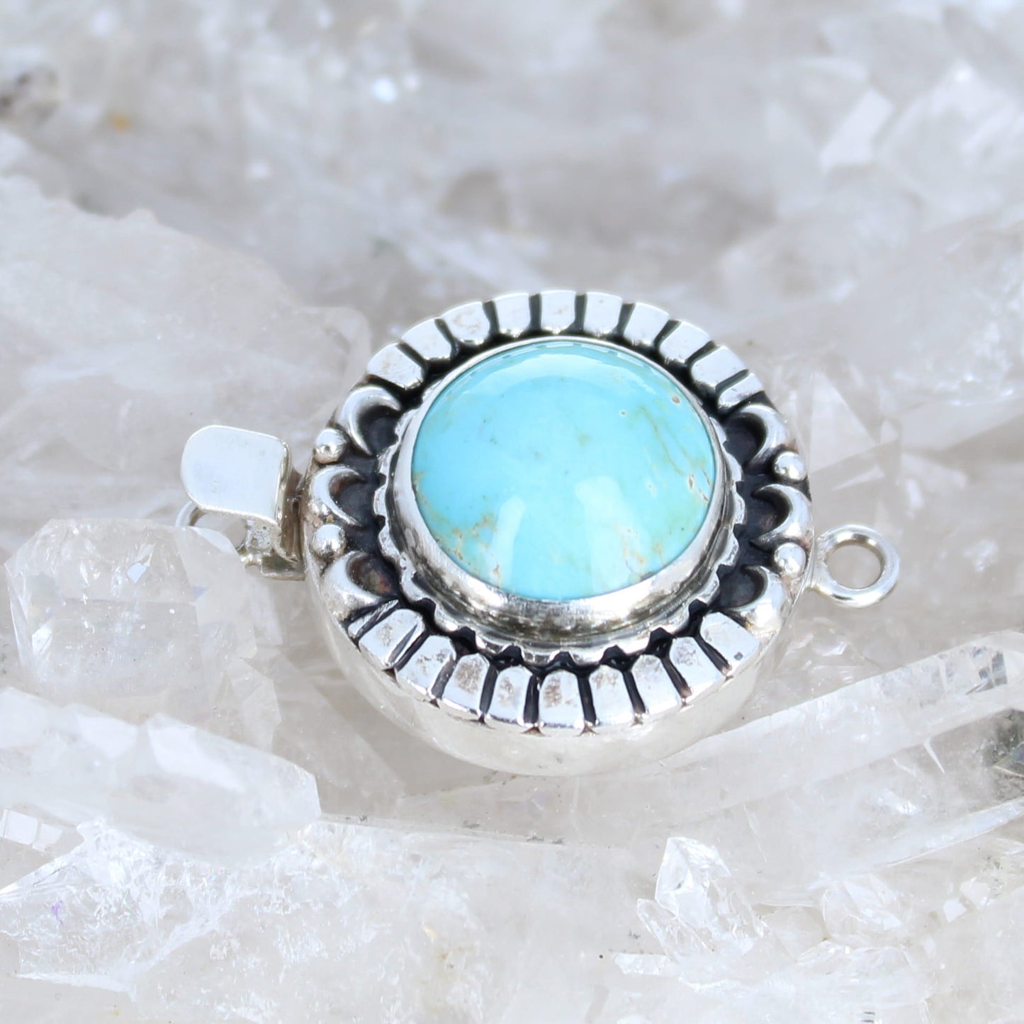 LONE MOUNTAIN TURQUOISE Clasp Sterling Moon Petal Design 16mm