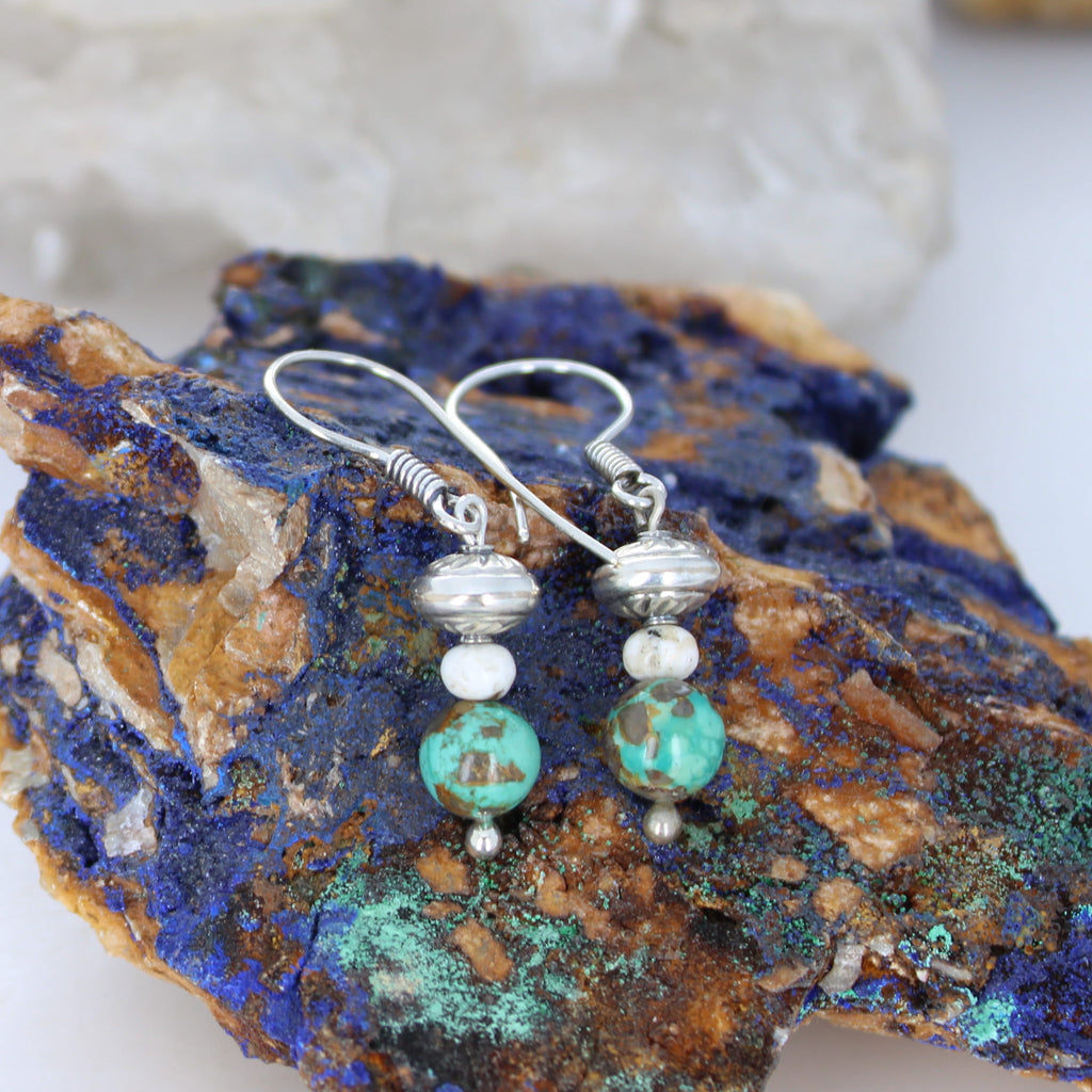 Carico Lake and White Buffalo Turquoise Sterling Earrings Drops