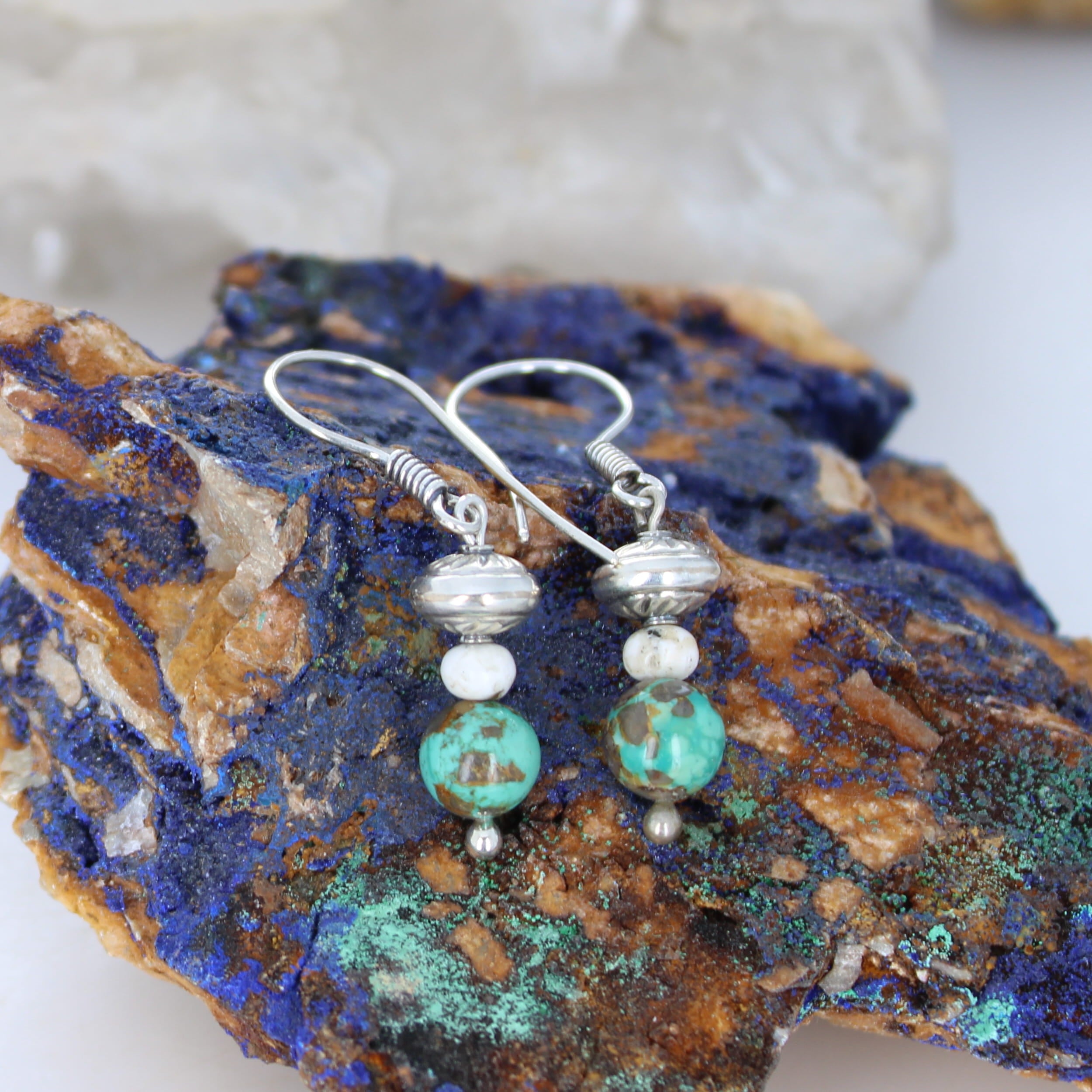 Carico Lake and White Buffalo Turquoise Sterling Earrings Drops