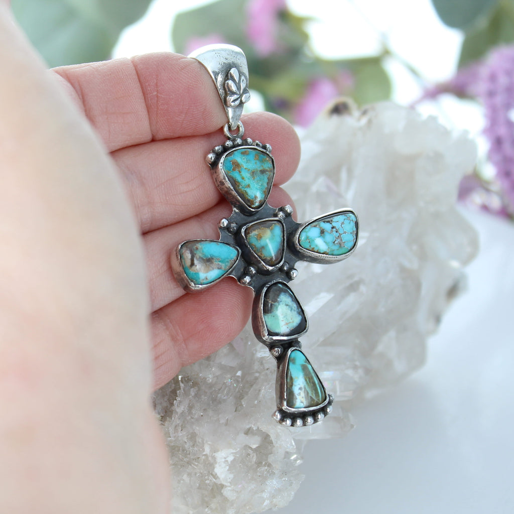 Vintage Carico Lake Turquoise Cross Pendant Sterling Silver Santa Fe Style