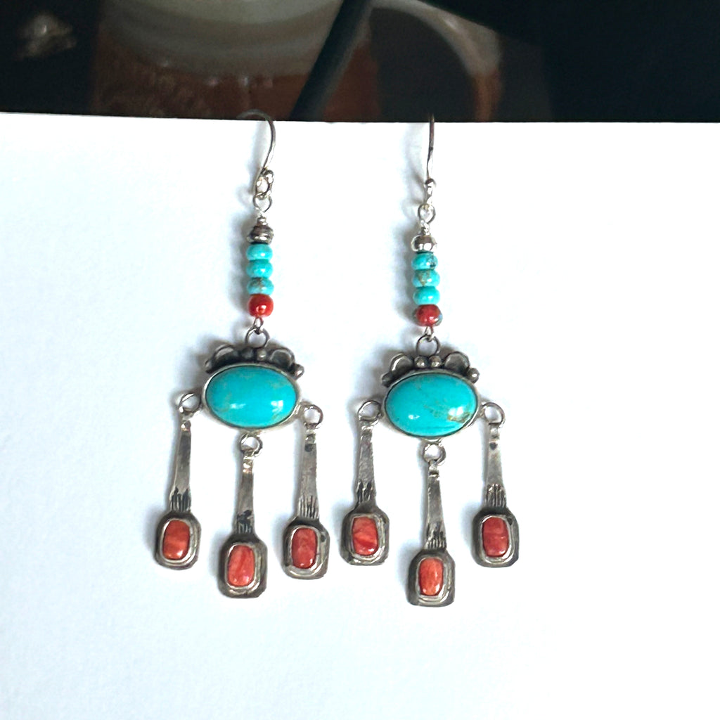 Blue Kingman Turquoise with Spiny Oyster Boho Dangle Earrings Sterling 3"