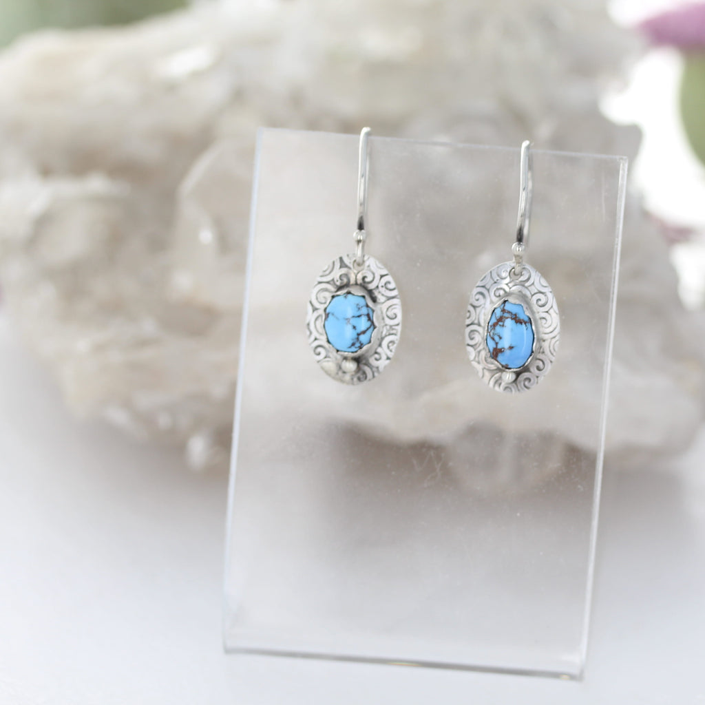 Ethereal Blue Kazakhstan Turquoise Earrings Sterling Patterned Design Ovals