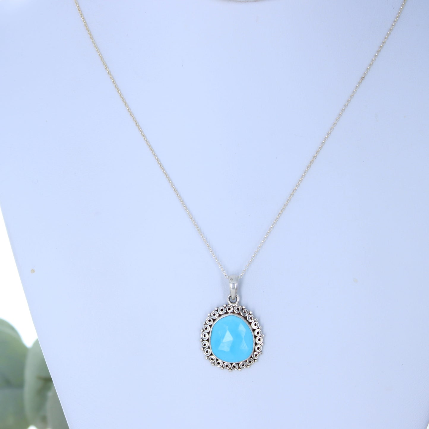 AAA Faceted Kingman Turquoise Pendant Necklace Sterling Silver