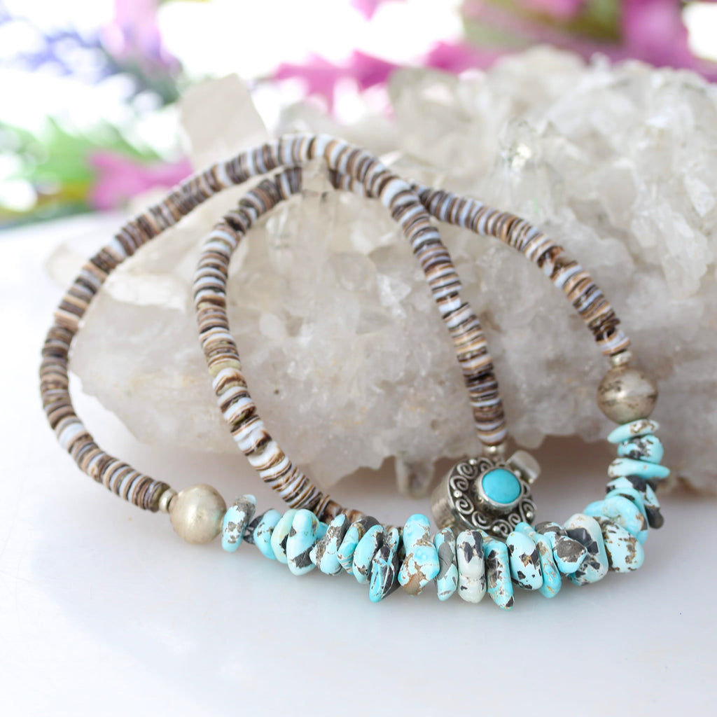 Lone Mountain Turquoise Necklace with Shell Heshi Sterling