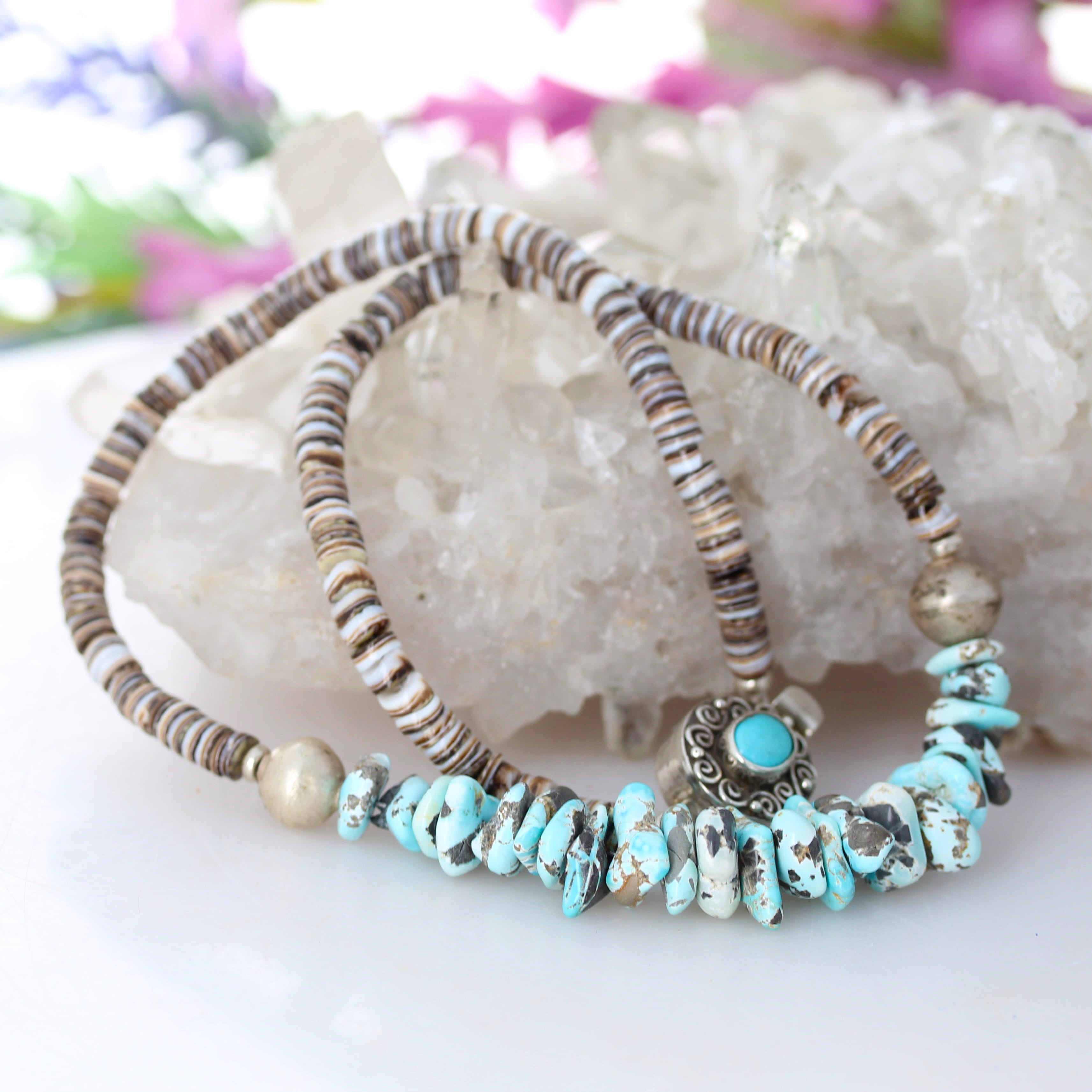 Lone Mountain Turquoise Necklace with Shell Heshi Sterling