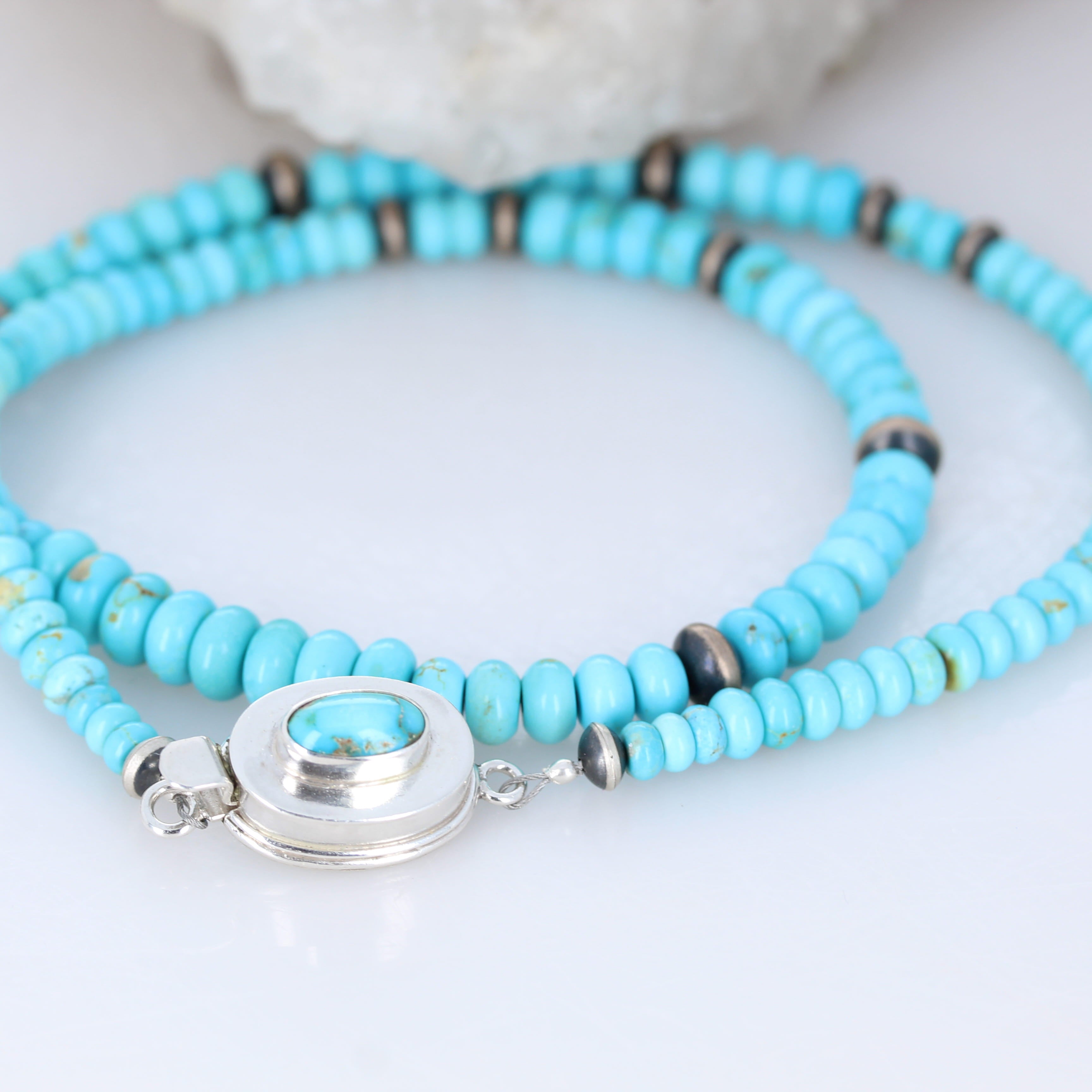SONORAN ROSE Turquoise Rondelle Beads Necklace Sterling Exquisite Blue