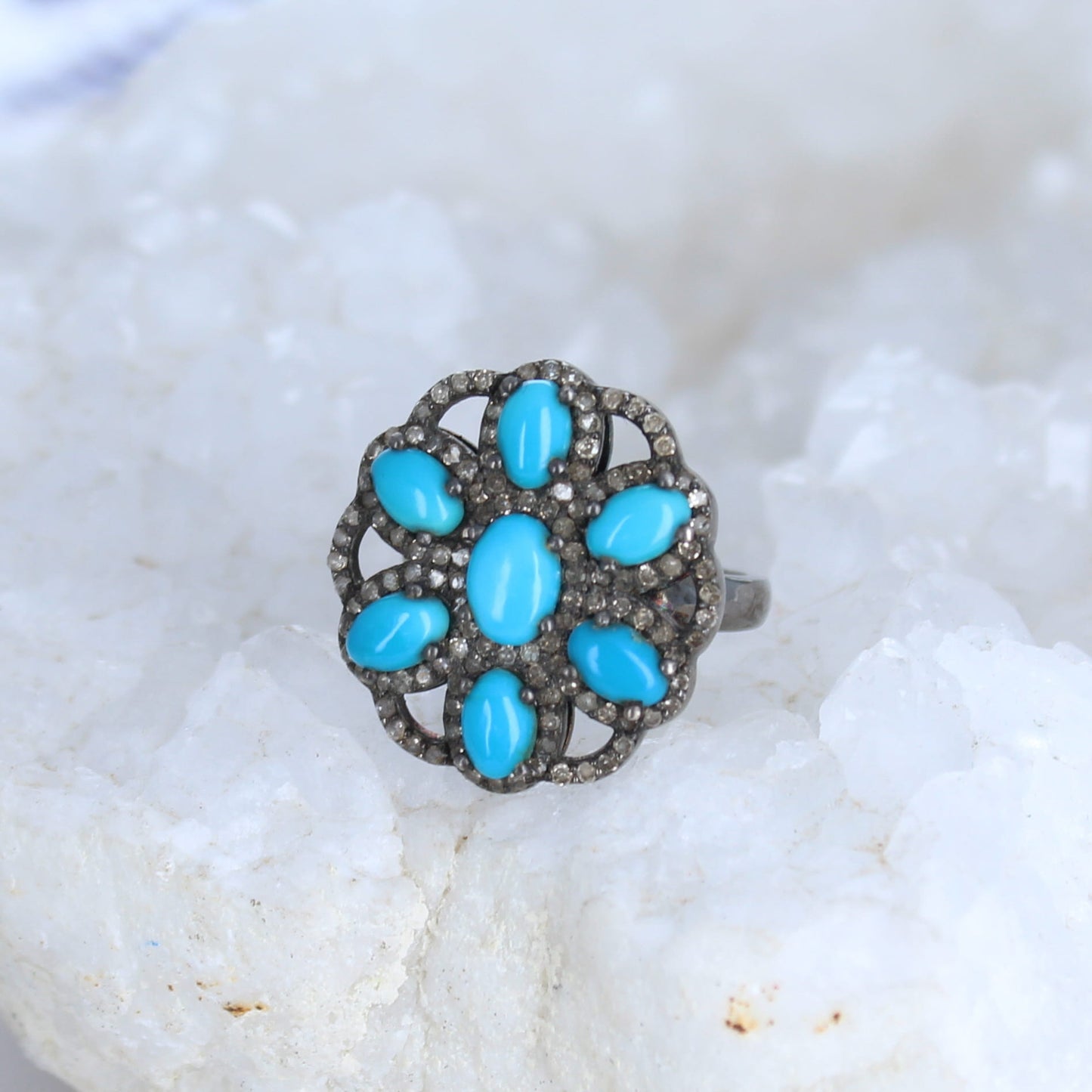 SLEEPING BEAUTY Turquoise and Diamond Cocktail Ring Sterling Silver