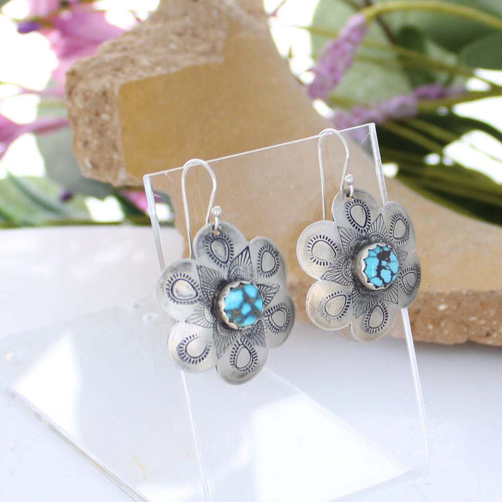 Beautiful Stamped EGYPTIAN TURQUOISE Sterling Flower Earrings