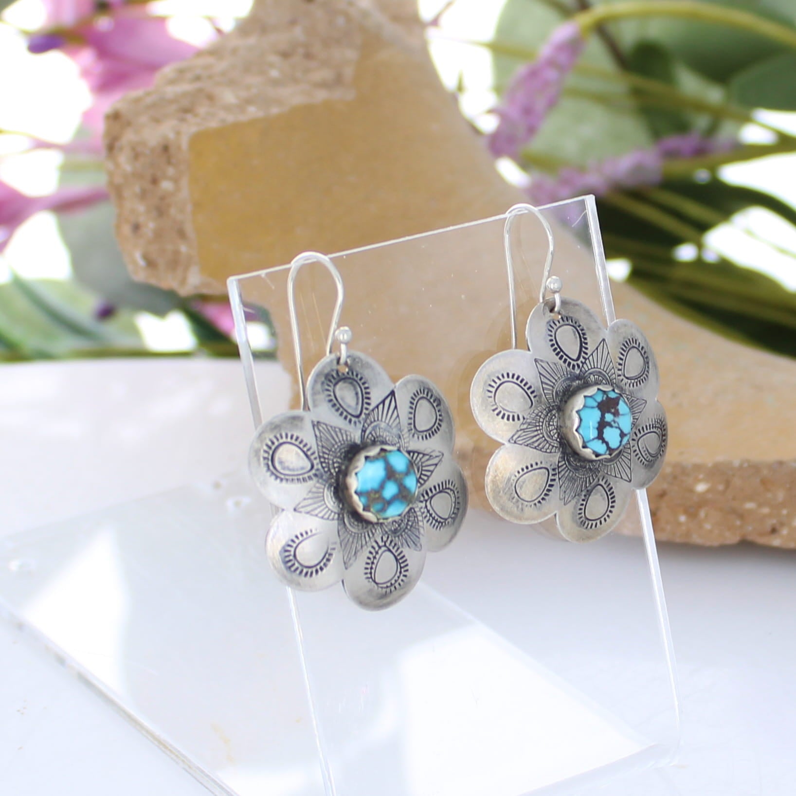 Beautiful Stamped EGYPTIAN TURQUOISE Sterling Flower Earrings