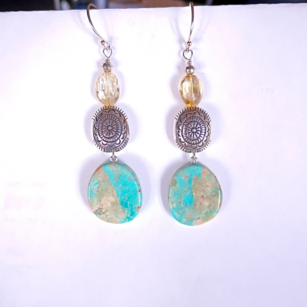 Sky Blue Elisa and Faceted Citrine Turquoise Earrings Southwestern Sterling 2.75"