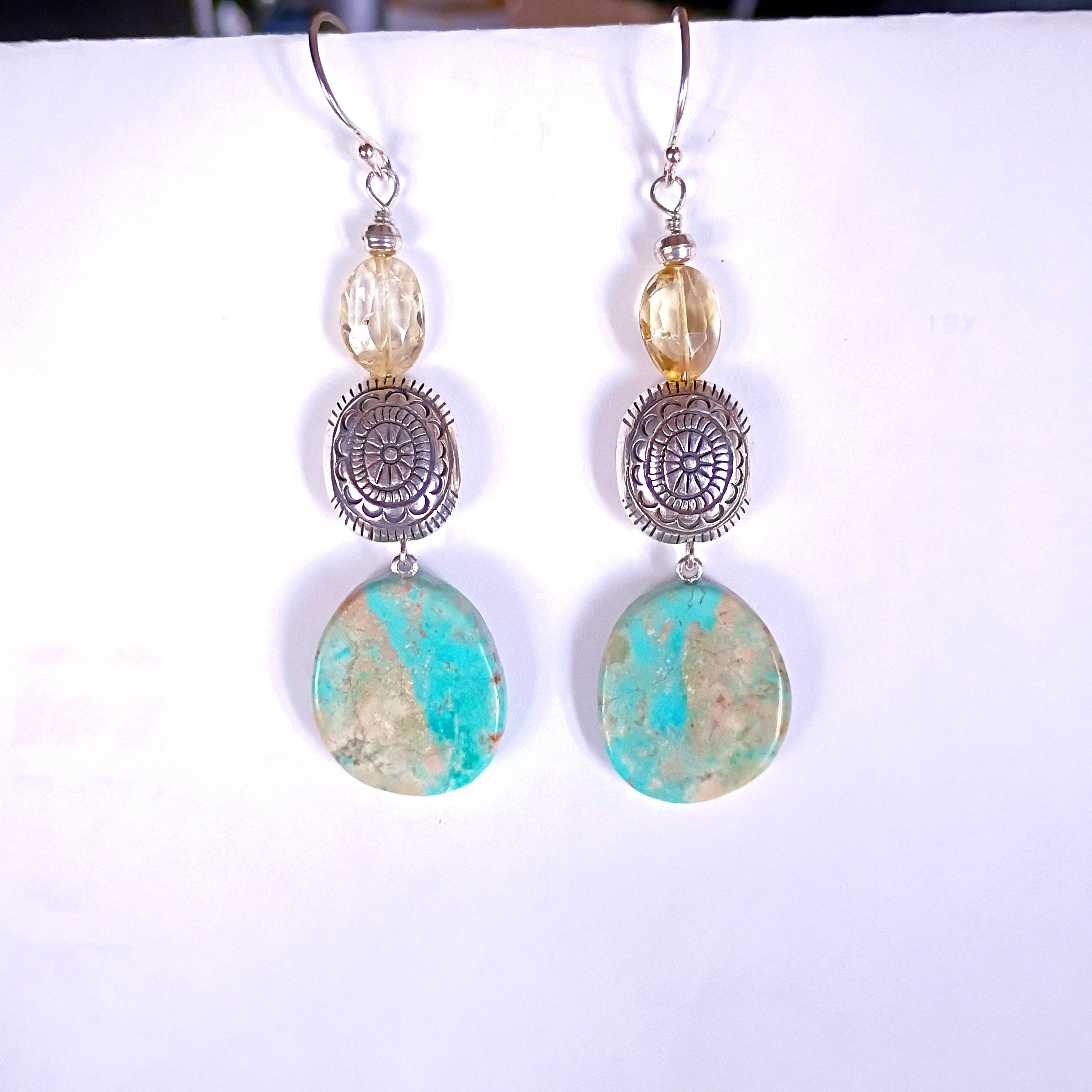Sky Blue Elisa and Faceted Citrine Turquoise Earrings Southwestern Sterling 2.75"