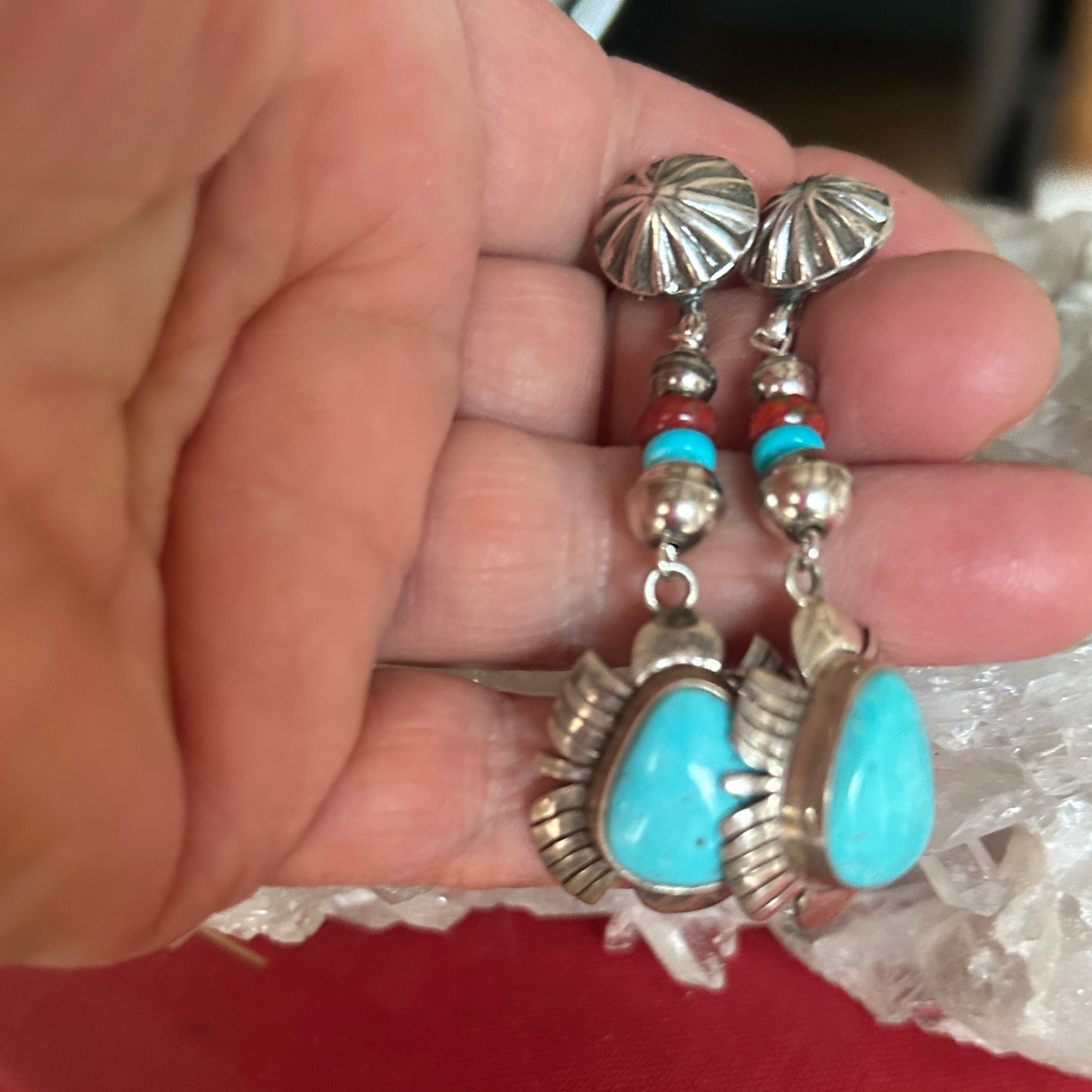 Beautiful Sky Blue Kingman Mine Turquoise and Red Cuprite Earrings Feathered