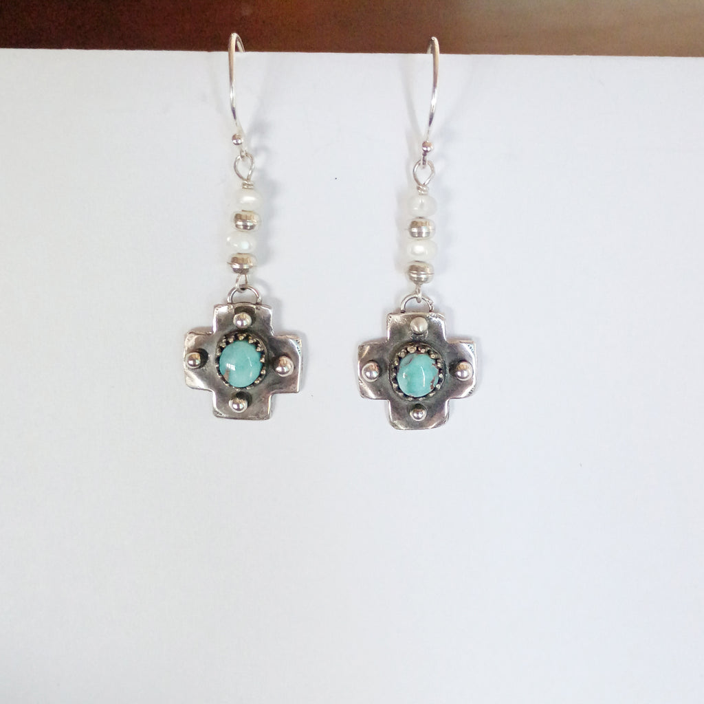 RARE DRY CREEK Turquoise Cross Earrings Sterling Silver Southwestern Boho
