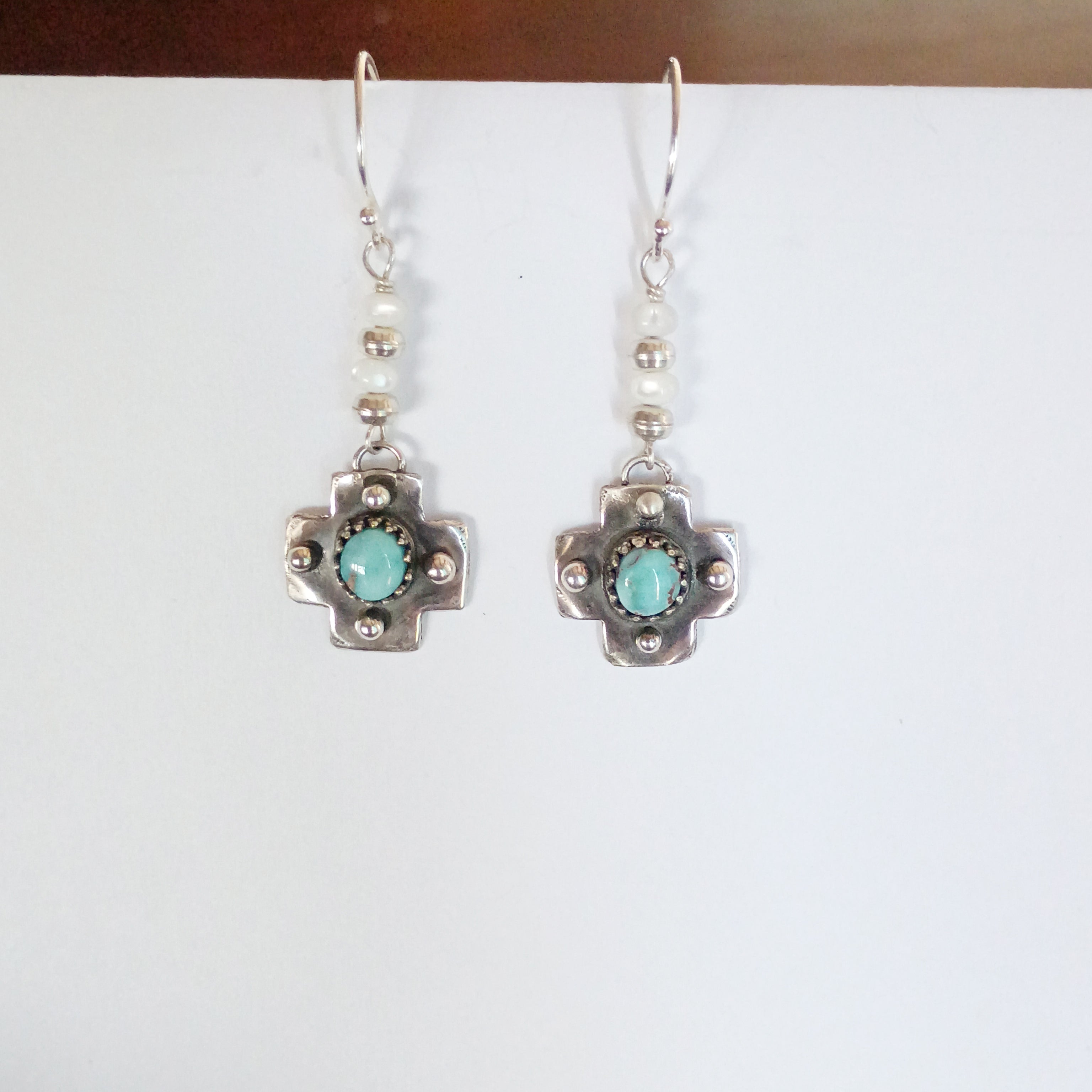 RARE DRY CREEK Turquoise Cross Earrings Sterling Silver Southwestern Boho