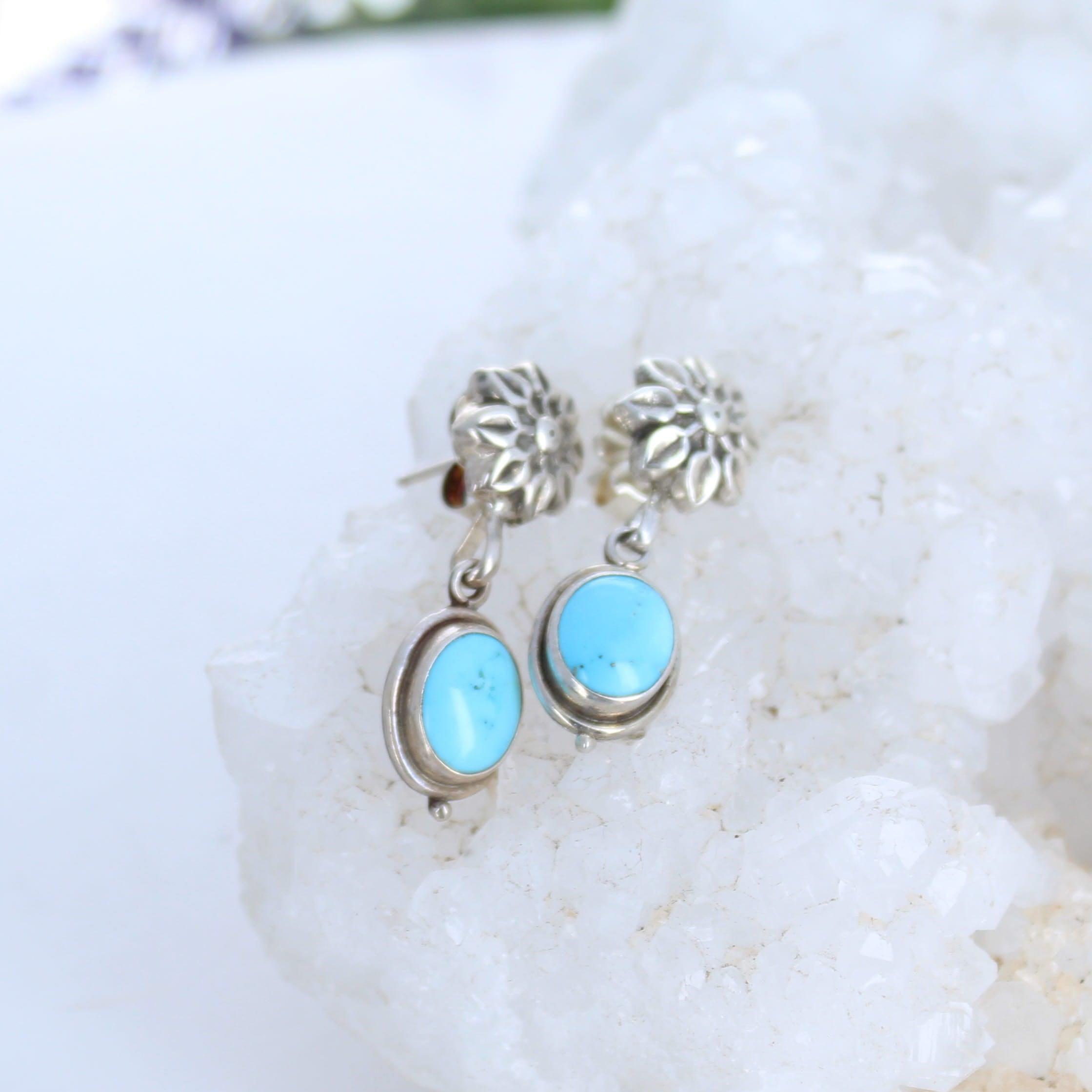 Sky Blue Campitos Turquoise Earrings Flower Posts Oval Stone