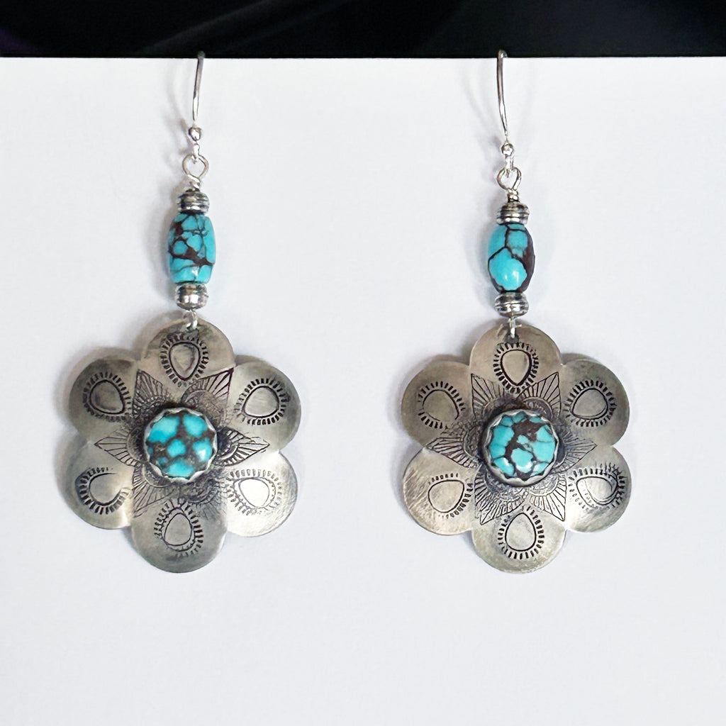 Beautiful Stamped EGYPTIAN TURQUOISE Sterling Flower Earrings