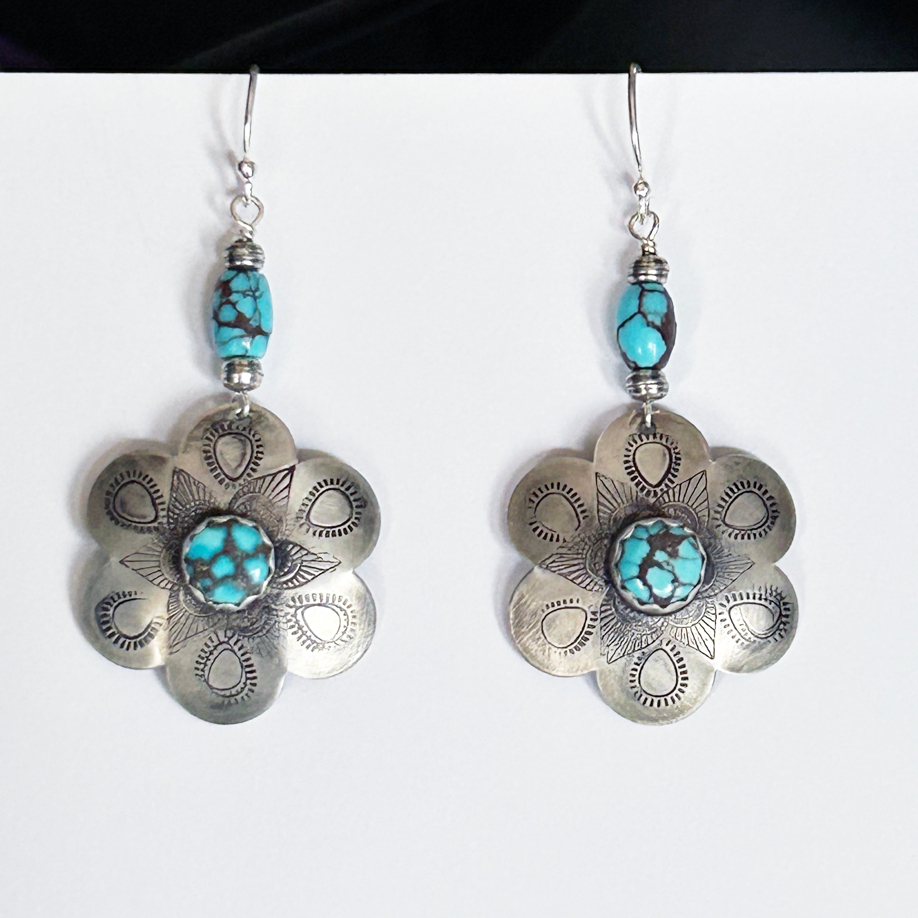 Beautiful Stamped EGYPTIAN TURQUOISE Sterling Flower Earrings