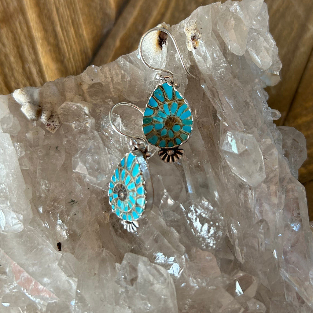 Turquoise Inlaid Fossil Ammonite Sterling Earrings 1.5" Artisan Made