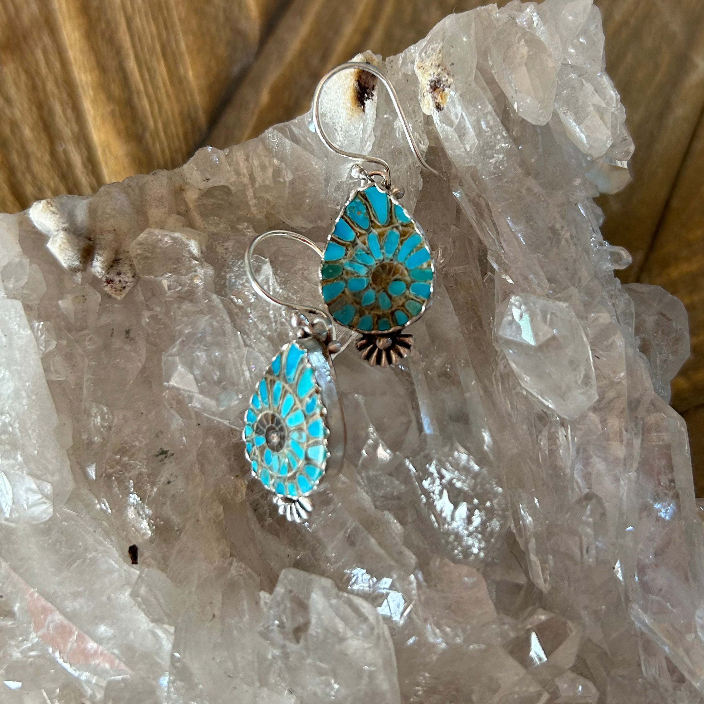 Turquoise Inlaid Fossil Ammonite Sterling Earrings 1.5" Artisan Made