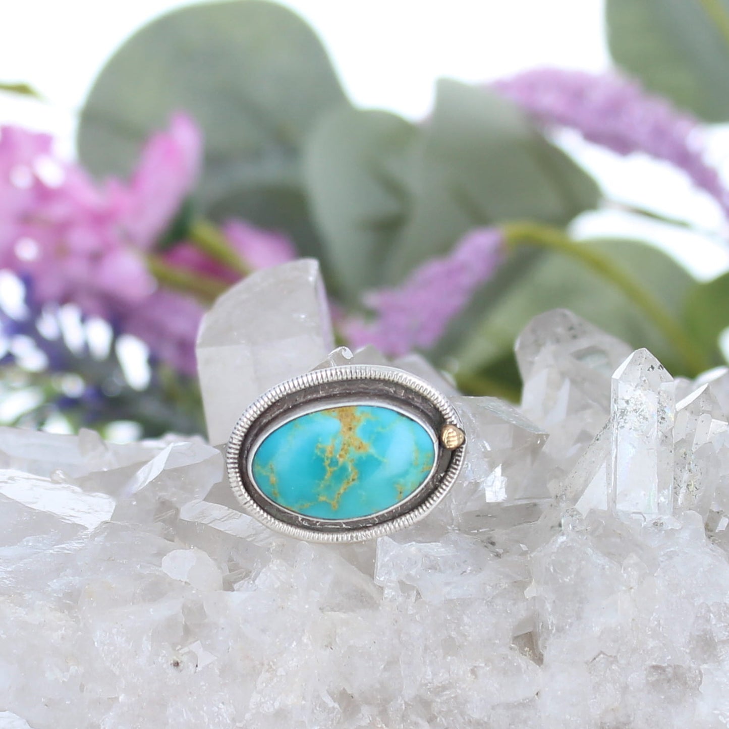 Oval Kingman Turquoise Ring 18K and Sterling Size 7
